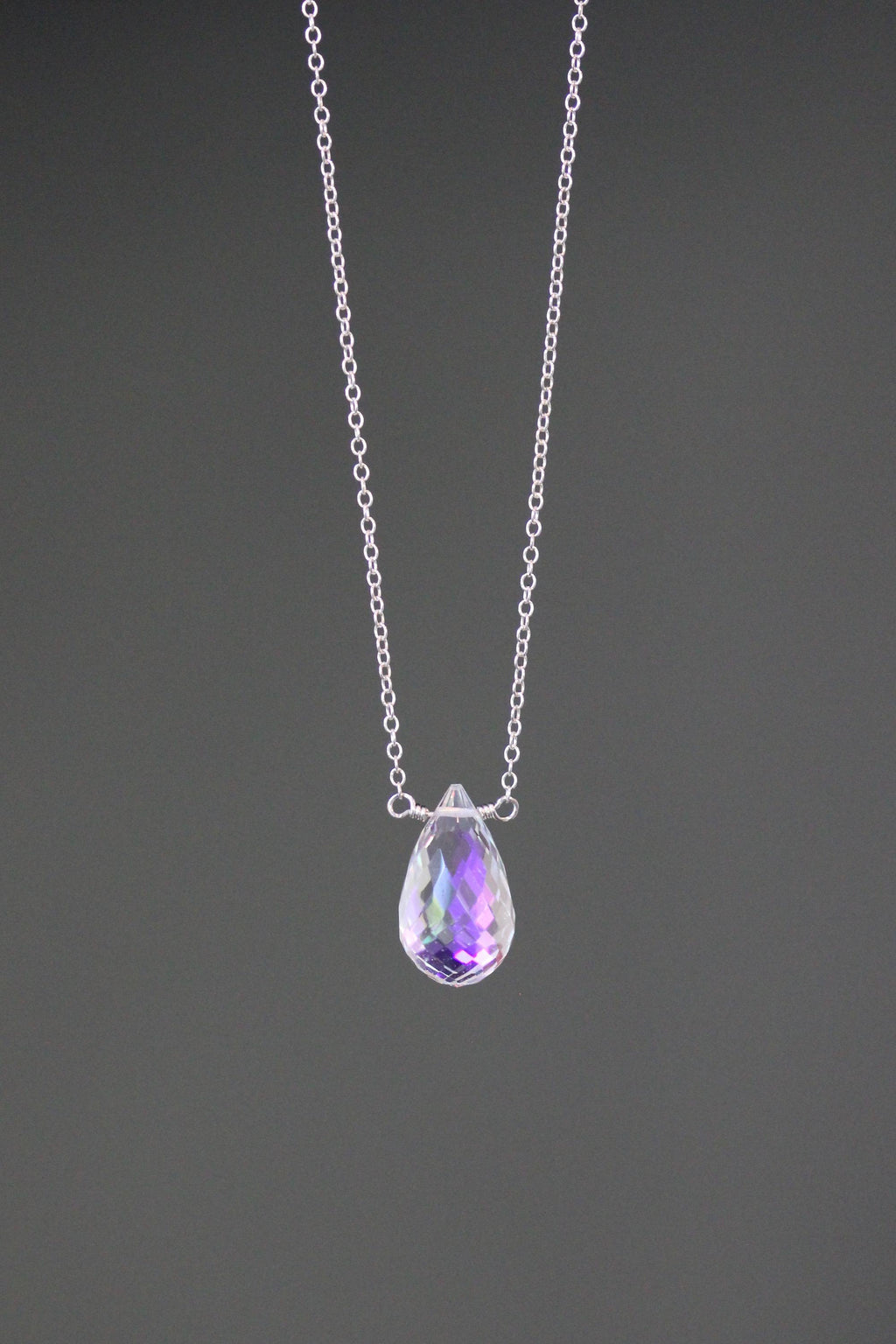 Aurora Borealis Quartz Crystal Teardrop Pendant Necklace in Silver