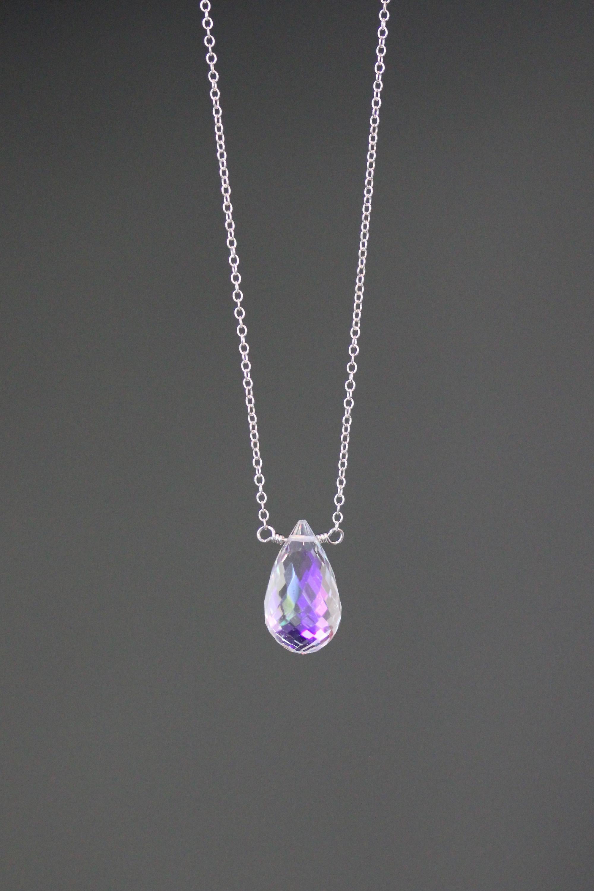 Aurora Borealis Quartz Crystal Teardrop Pendant Necklace in Silver