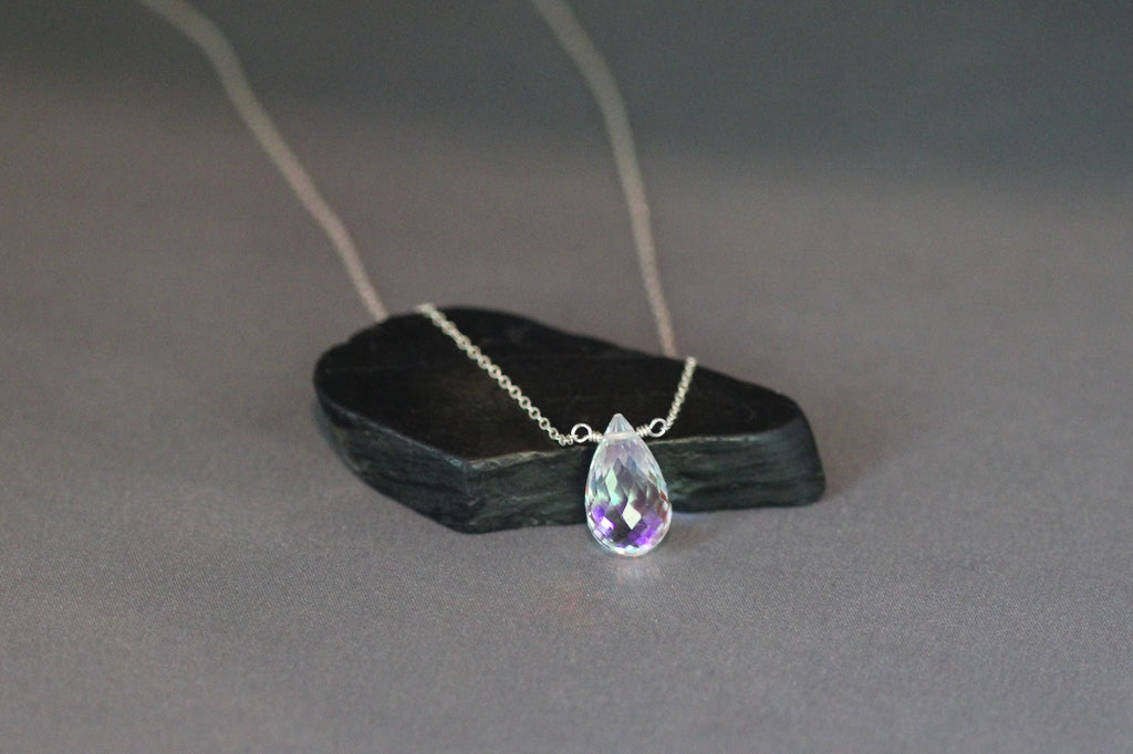 Aurora Borealis Quartz Crystal Teardrop Pendant Necklace in Silver