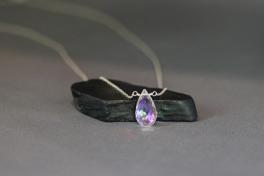 Aurora Borealis Quartz Crystal Teardrop Pendant Necklace in Silver