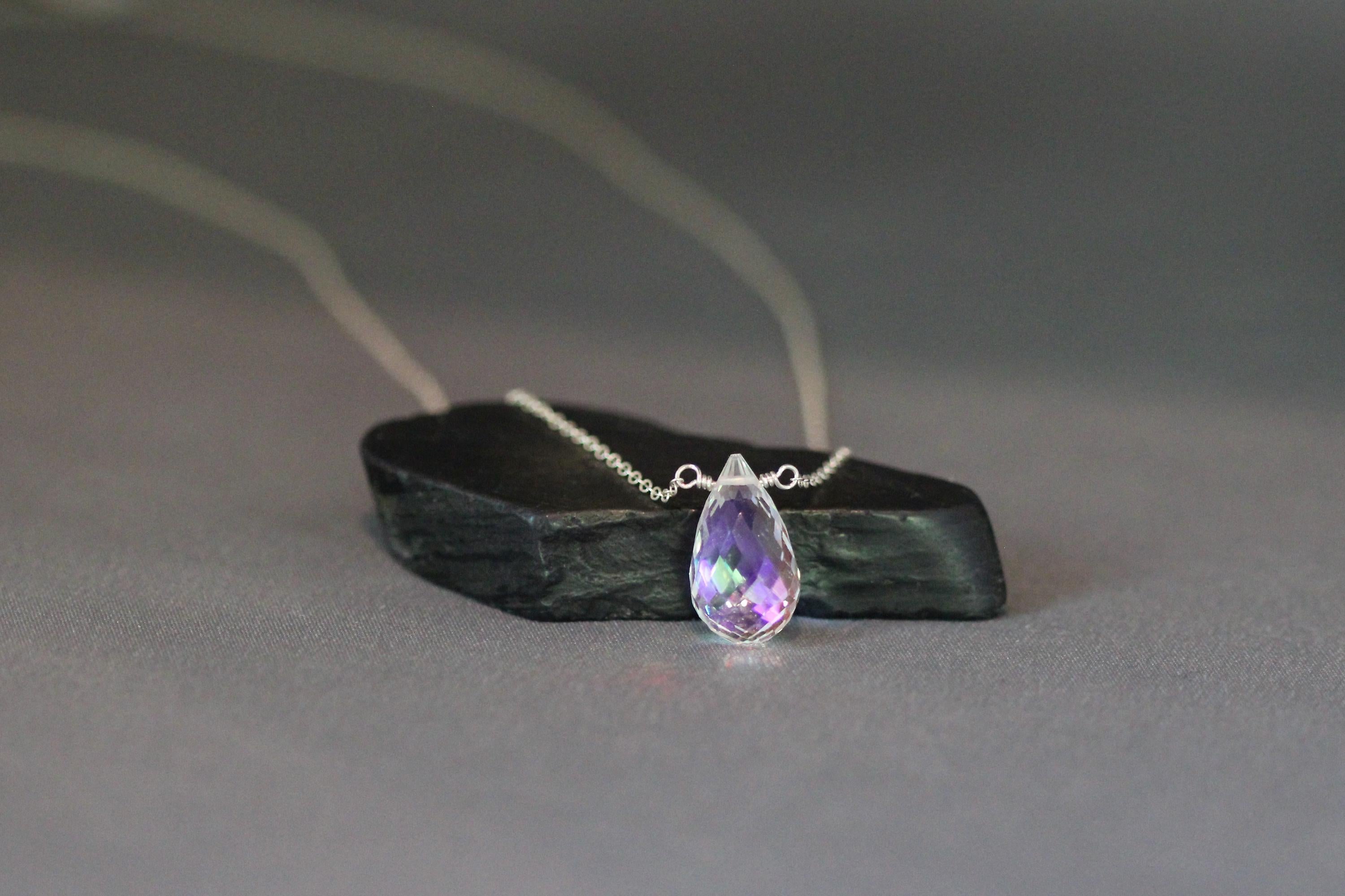 Aurora Borealis Quartz Crystal Teardrop Pendant Necklace in Silver