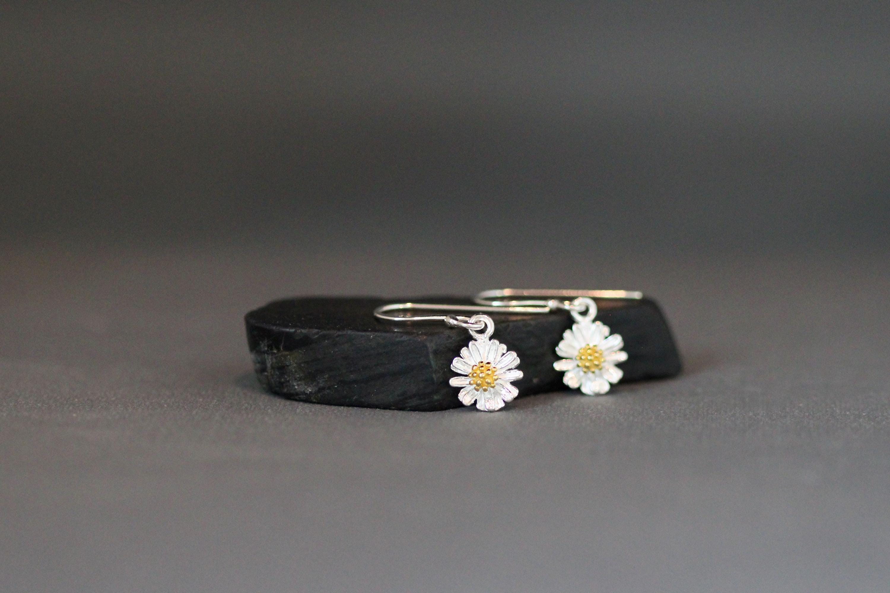 Sterling Silver Daisy Flower Earrings with Gold Vermeil Centers