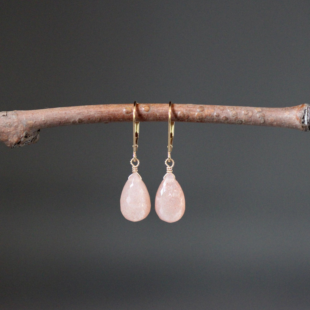 Peach Moonstone Teardrop Dangle Earrings in Gold Filled with Leverback Earwires