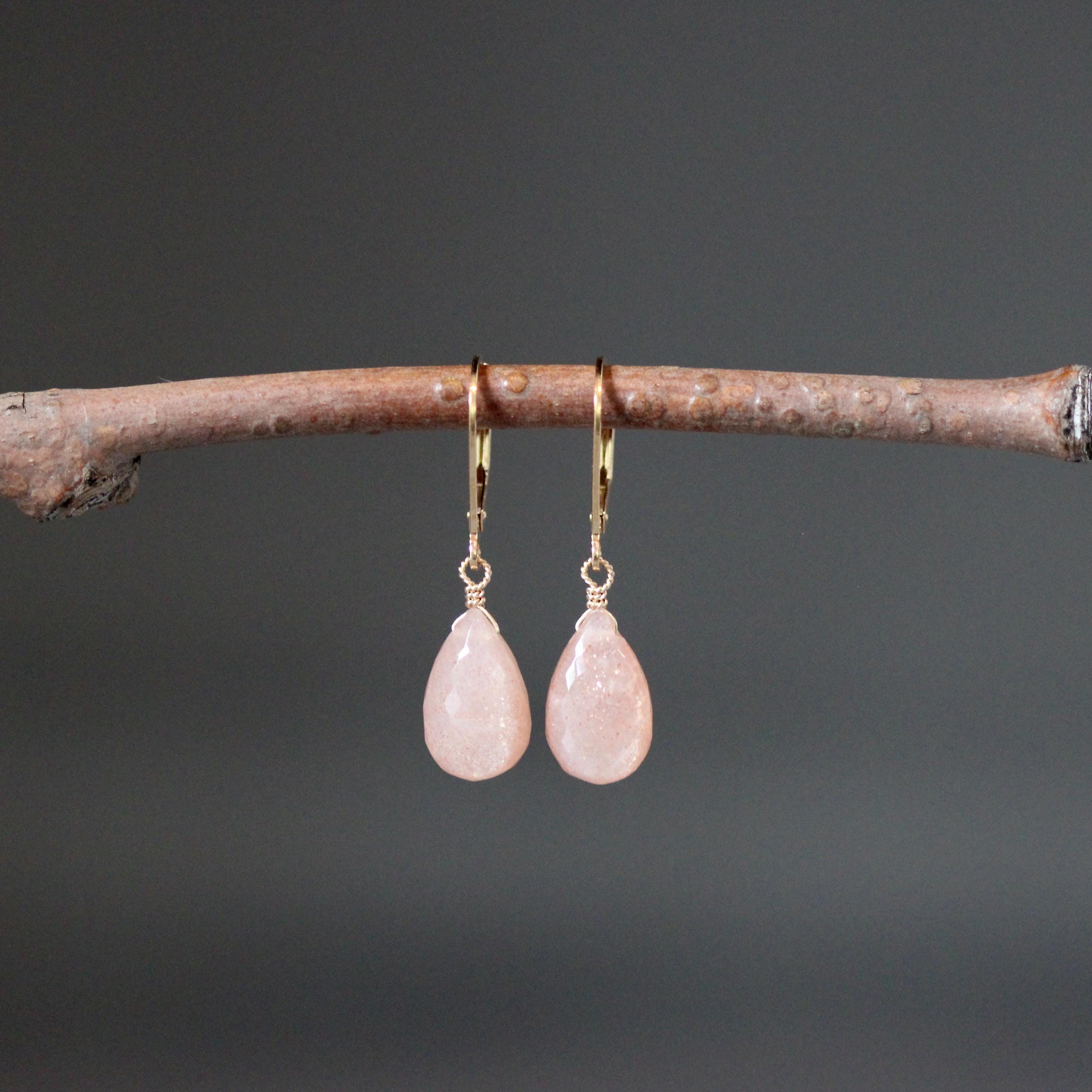Peach Moonstone Teardrop Dangle Earrings in Gold Filled with Leverback Earwires