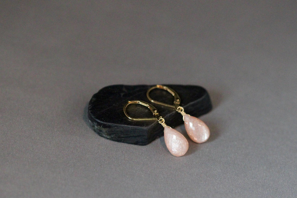 Peach Moonstone Teardrop Dangle Earrings in Gold Filled with Leverback Earwires