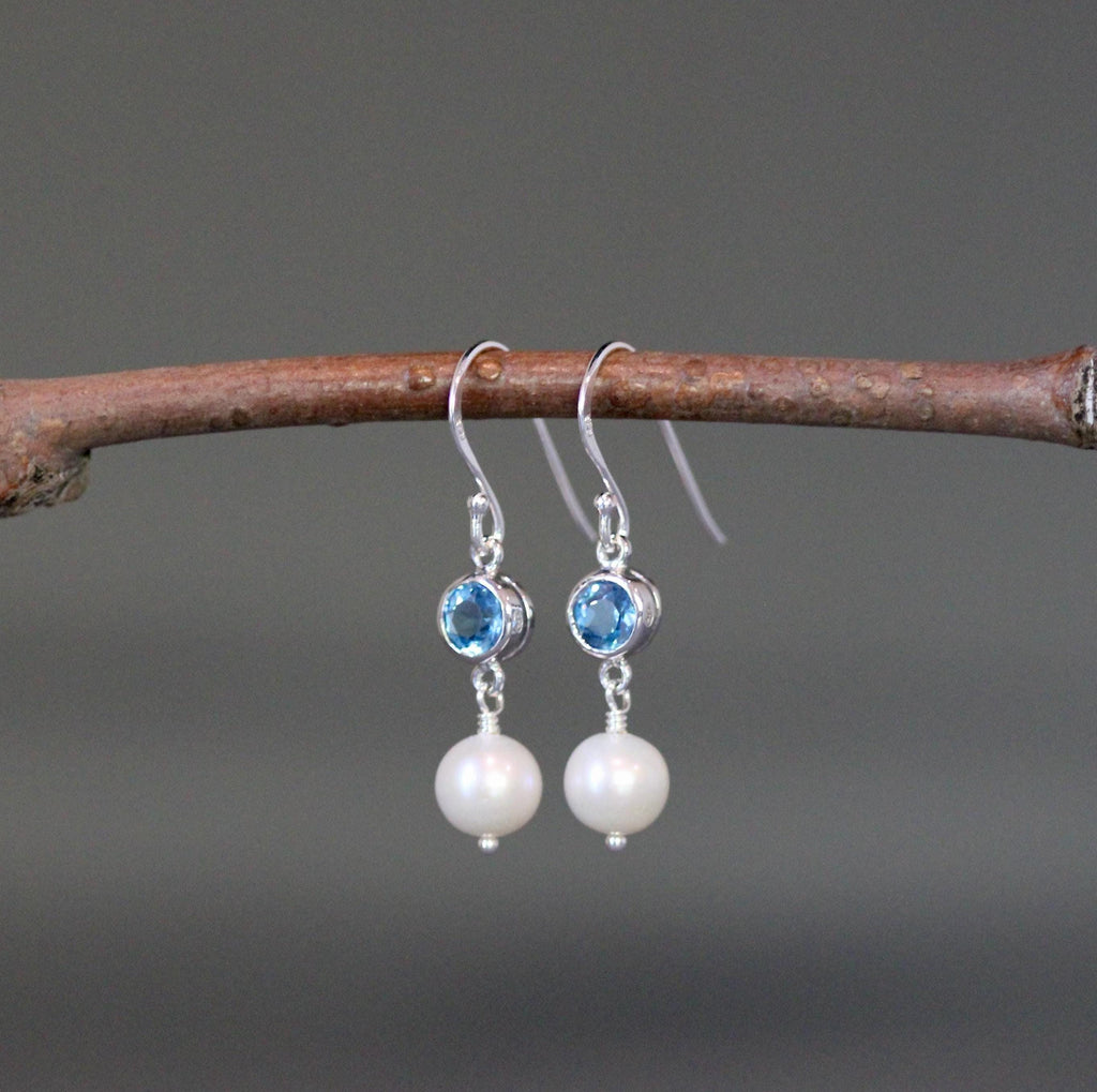 Blue Topaz Bezel and Freshwater Pearl Sterling Silver Dangle Earrings