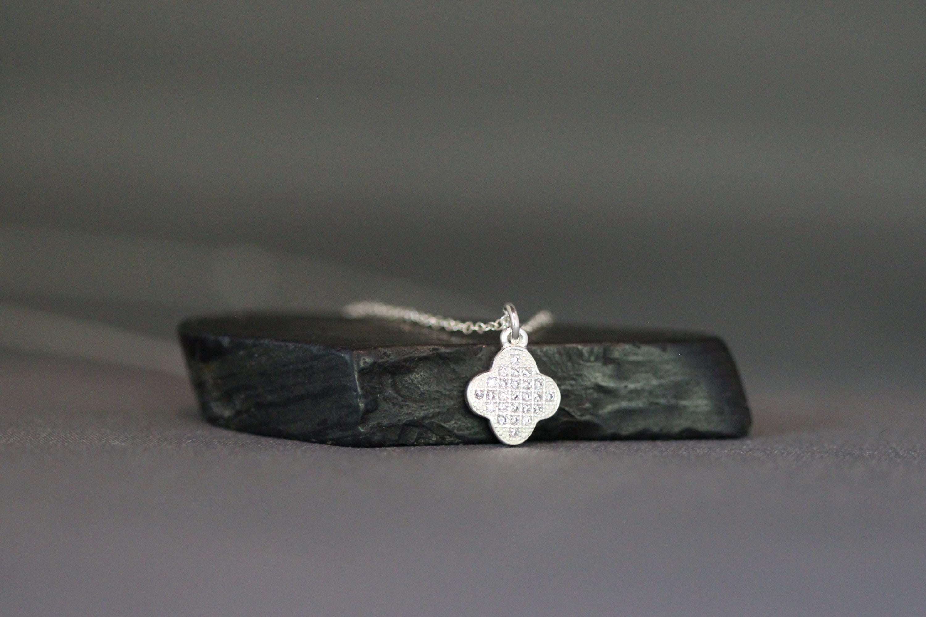 Sterling Silver Pave Cubic Zirconia Clover Pendant Necklace