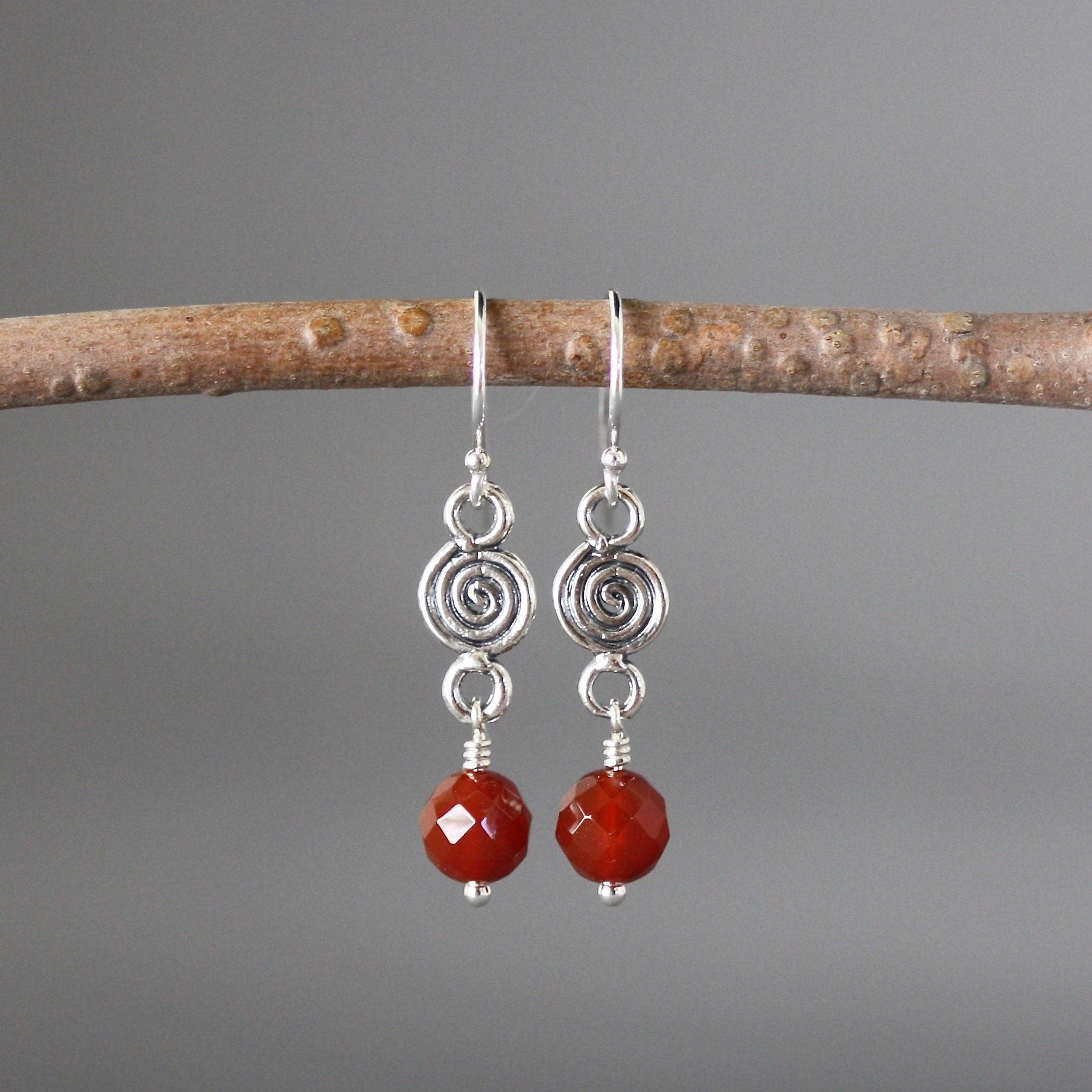 Carnelian and Bali Sterling Silver Swirl Link Dangle Earrings