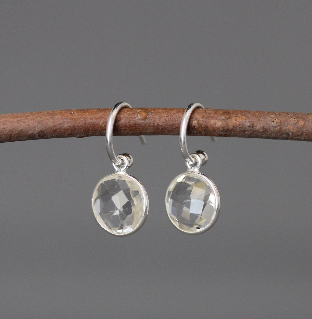 Clear Quartz Crystal Charm Earrings on Sterling Silver Post Hoops