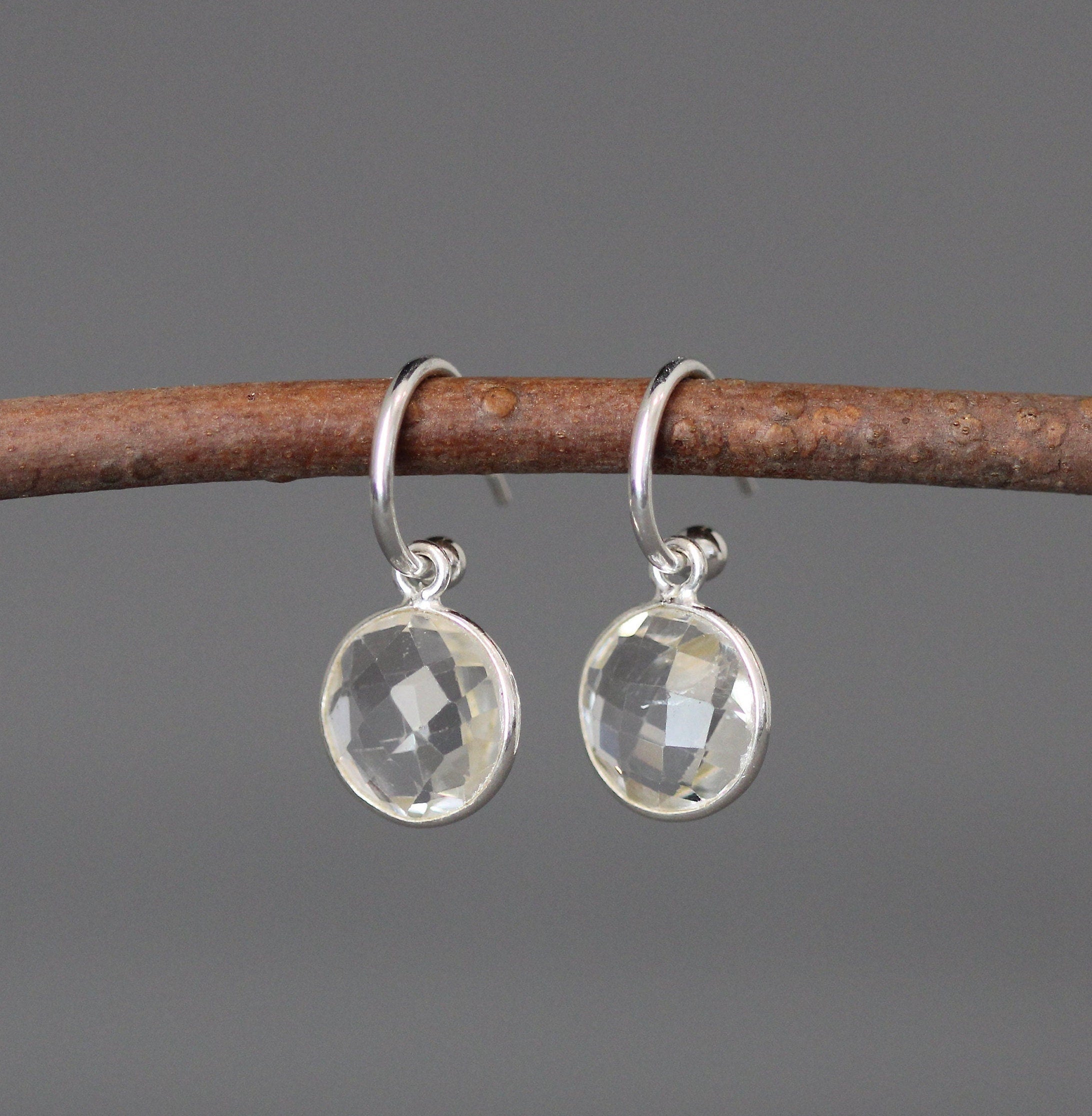 Clear Quartz Crystal Charm Earrings on Sterling Silver Post Hoops