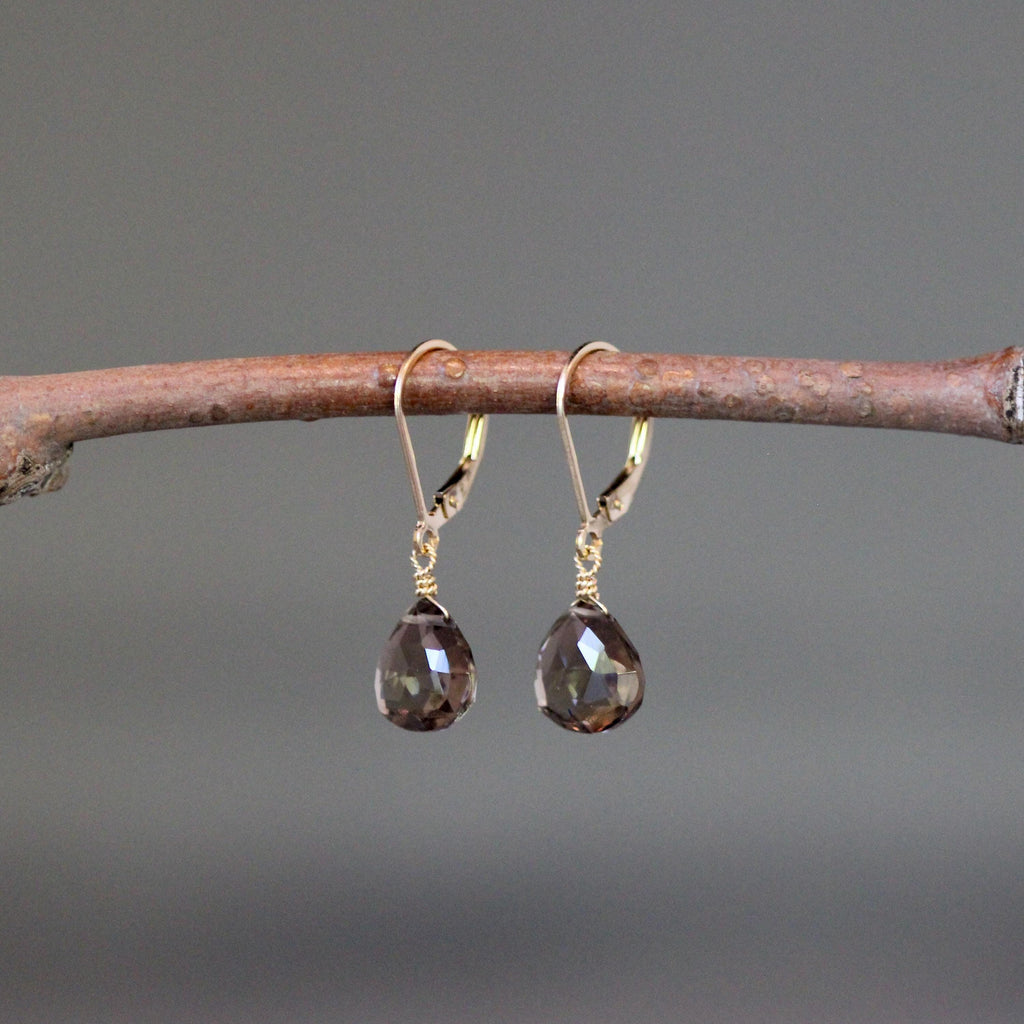 Smoky Quartz Teardrop Dangle Earrings in Gold Filled