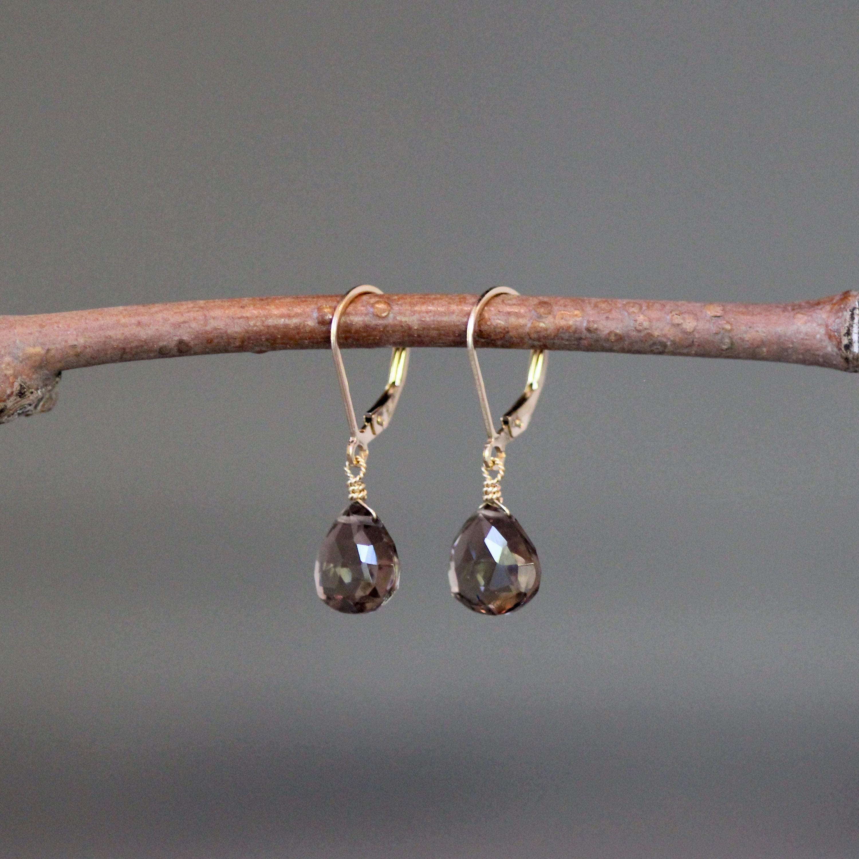 Smoky Quartz Teardrop Dangle Earrings in Gold Filled