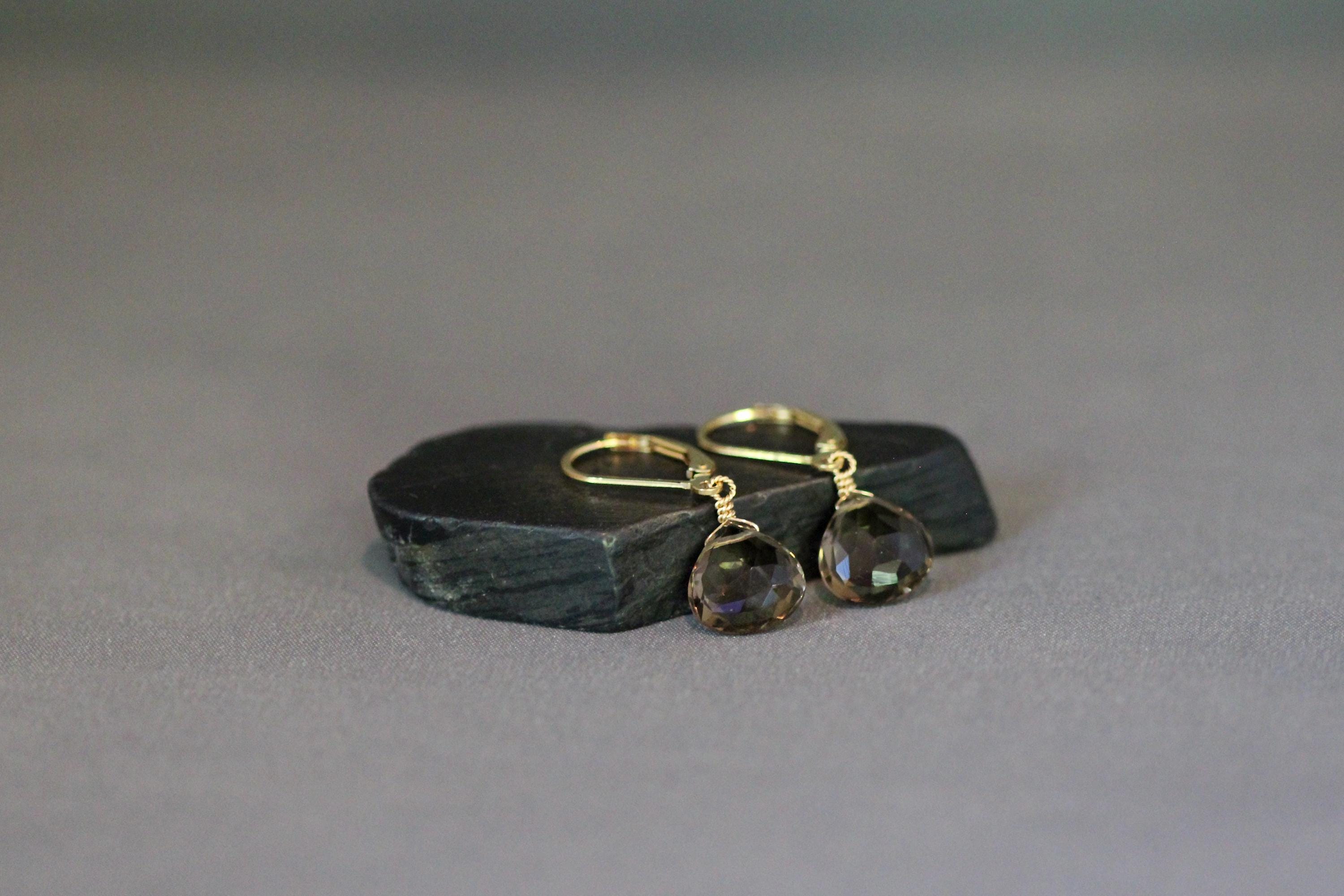 Smoky Quartz Teardrop Dangle Earrings in Gold Filled