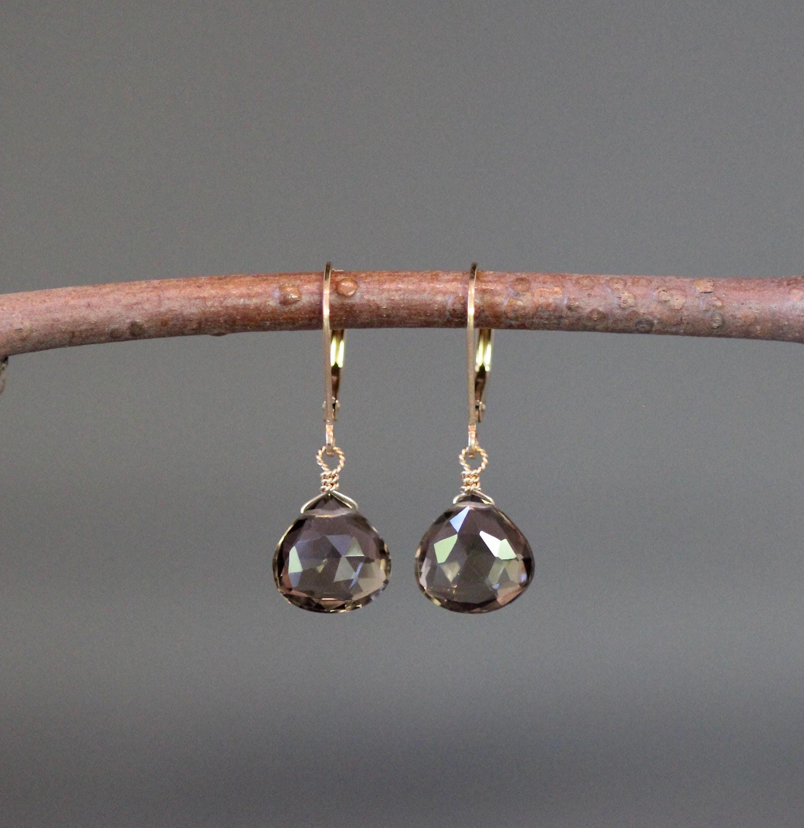 Smoky Quartz Teardrop Dangle Earrings in Gold Filled