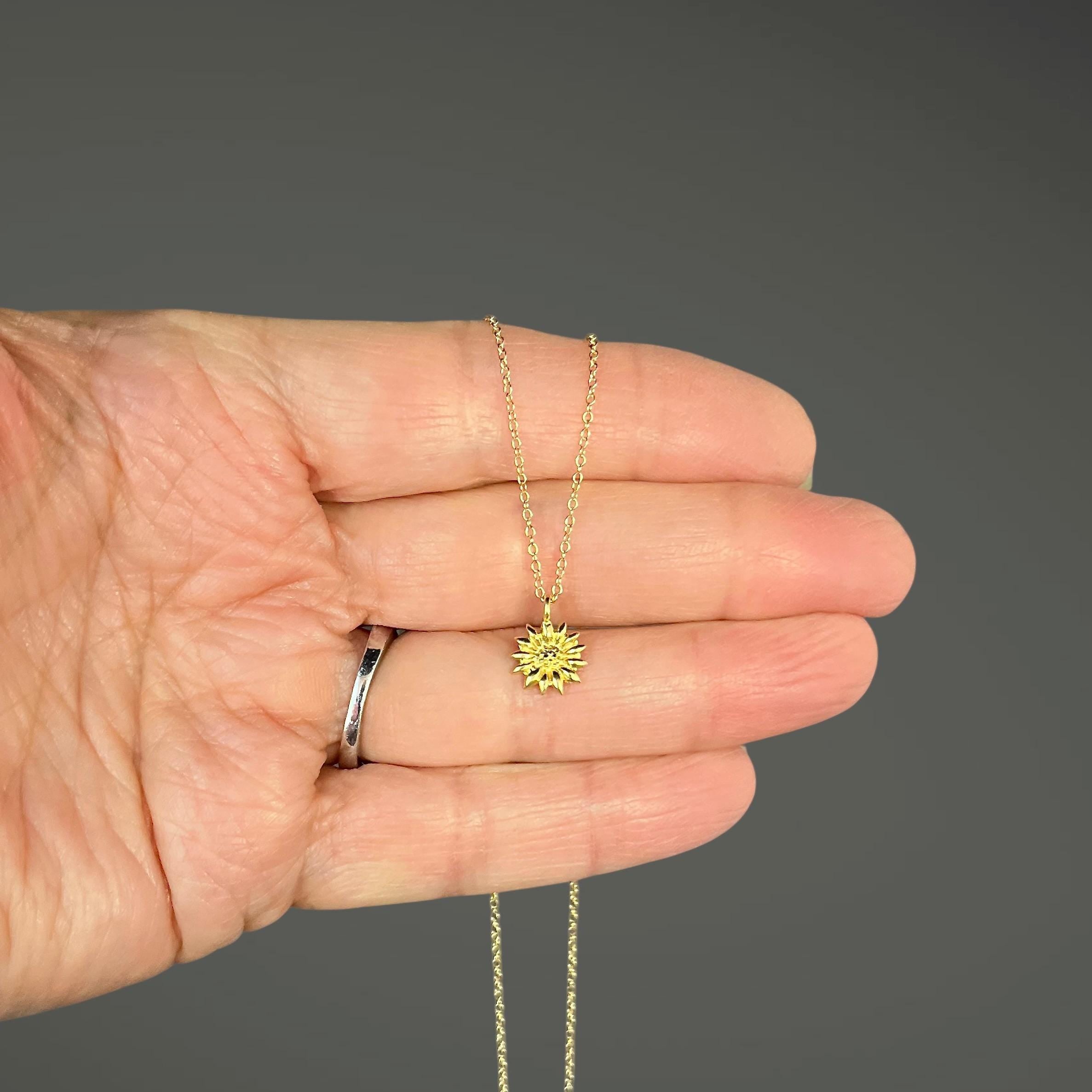Gold Vermeil Sunflower Charm Pendant Necklace on Gold Filled Chain