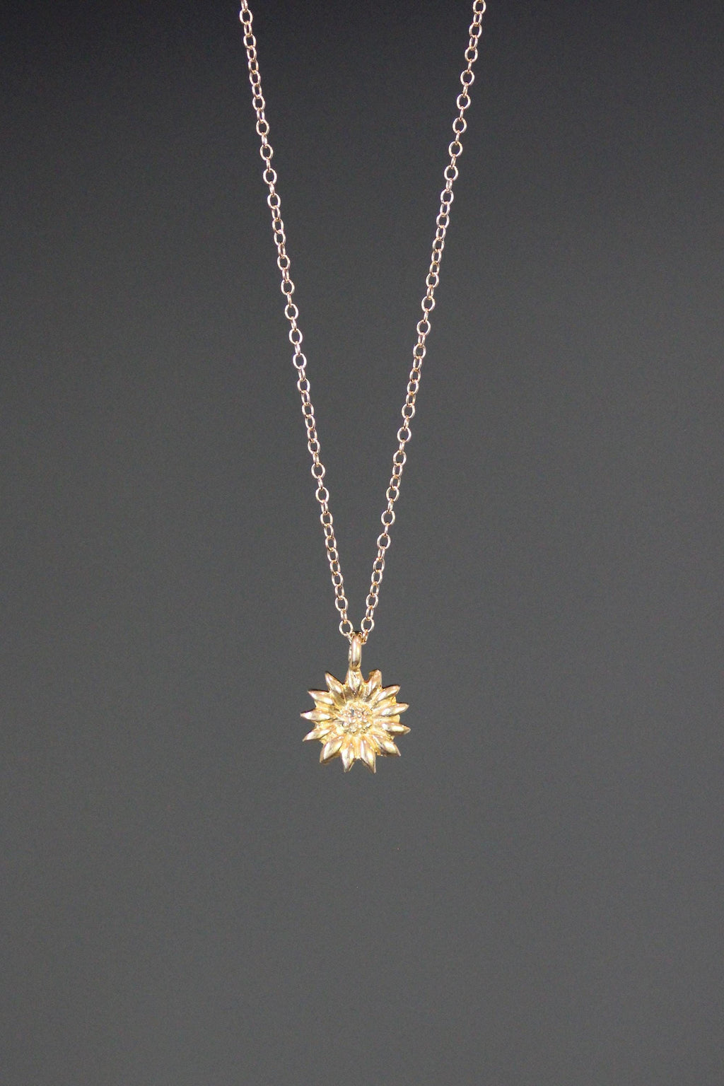 Gold Vermeil Sunflower Charm Pendant Necklace on Gold Filled Chain