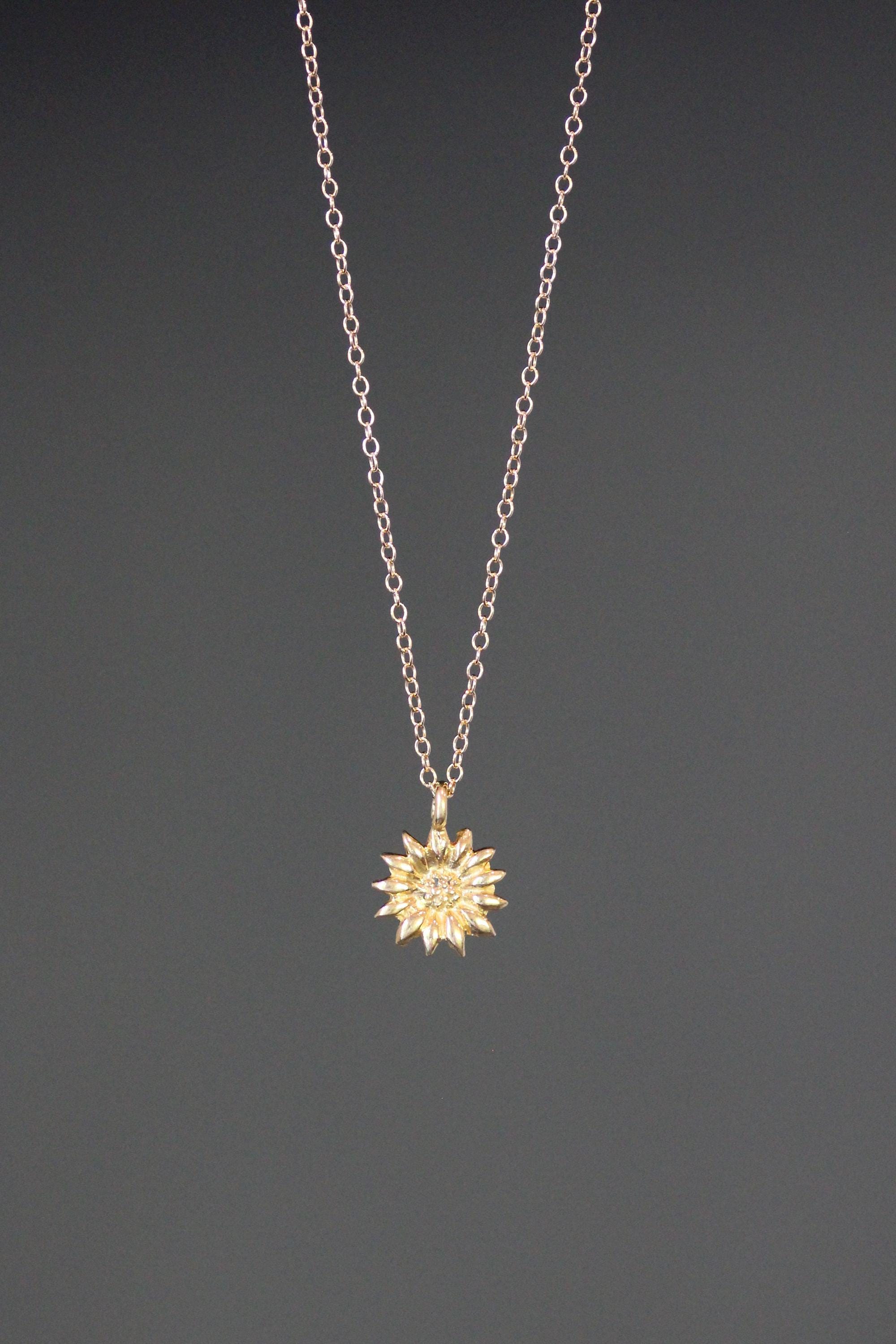 Gold Vermeil Sunflower Charm Pendant Necklace on Gold Filled Chain