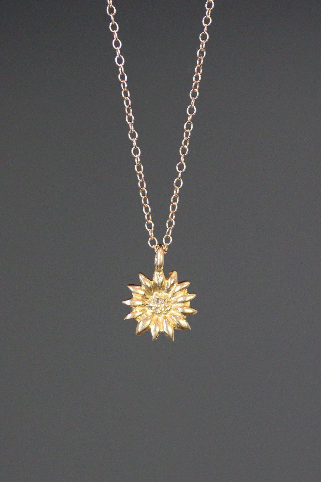 Gold Vermeil Sunflower Charm Pendant Necklace on Gold Filled Chain