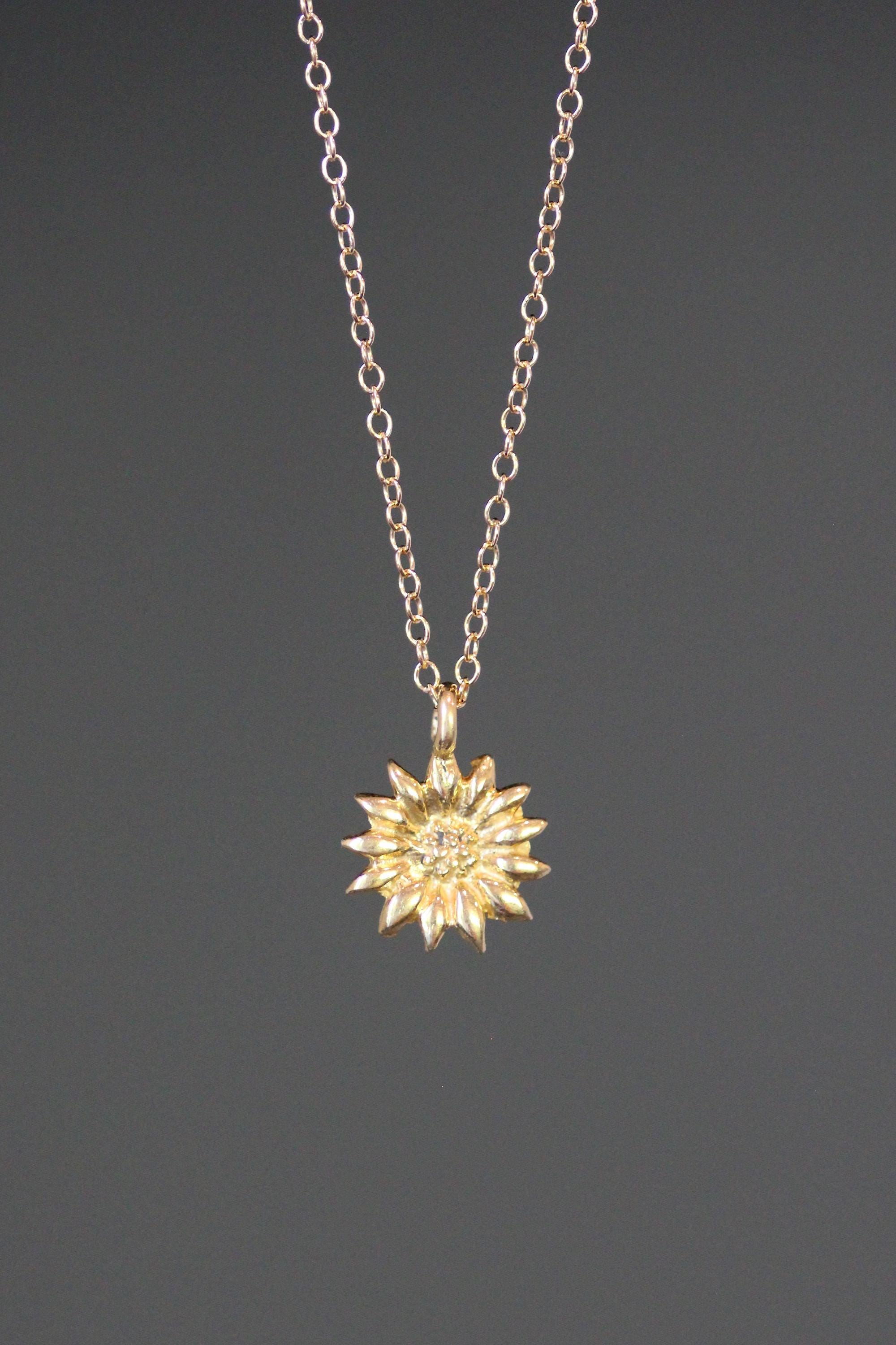 Gold Vermeil Sunflower Charm Pendant Necklace on Gold Filled Chain