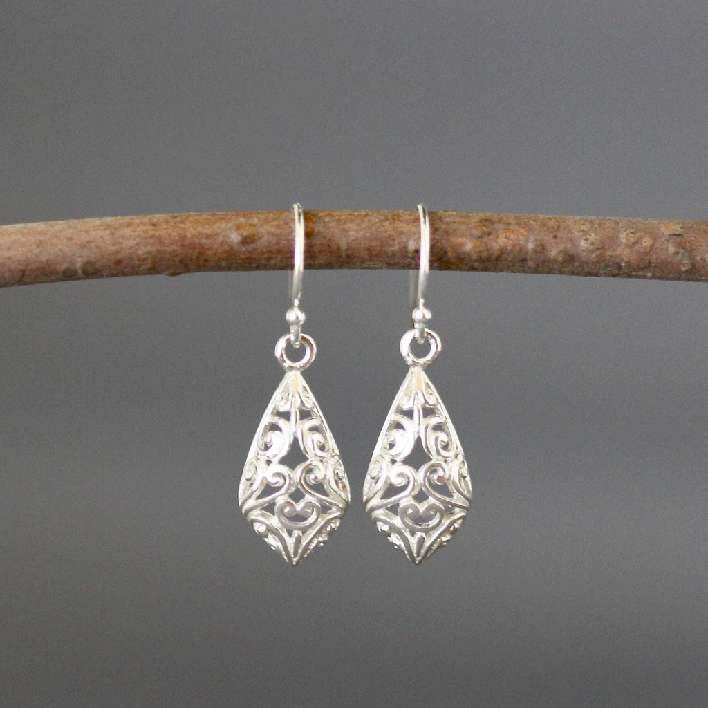 Bright Silver Filigree Charm Dangle Earrings