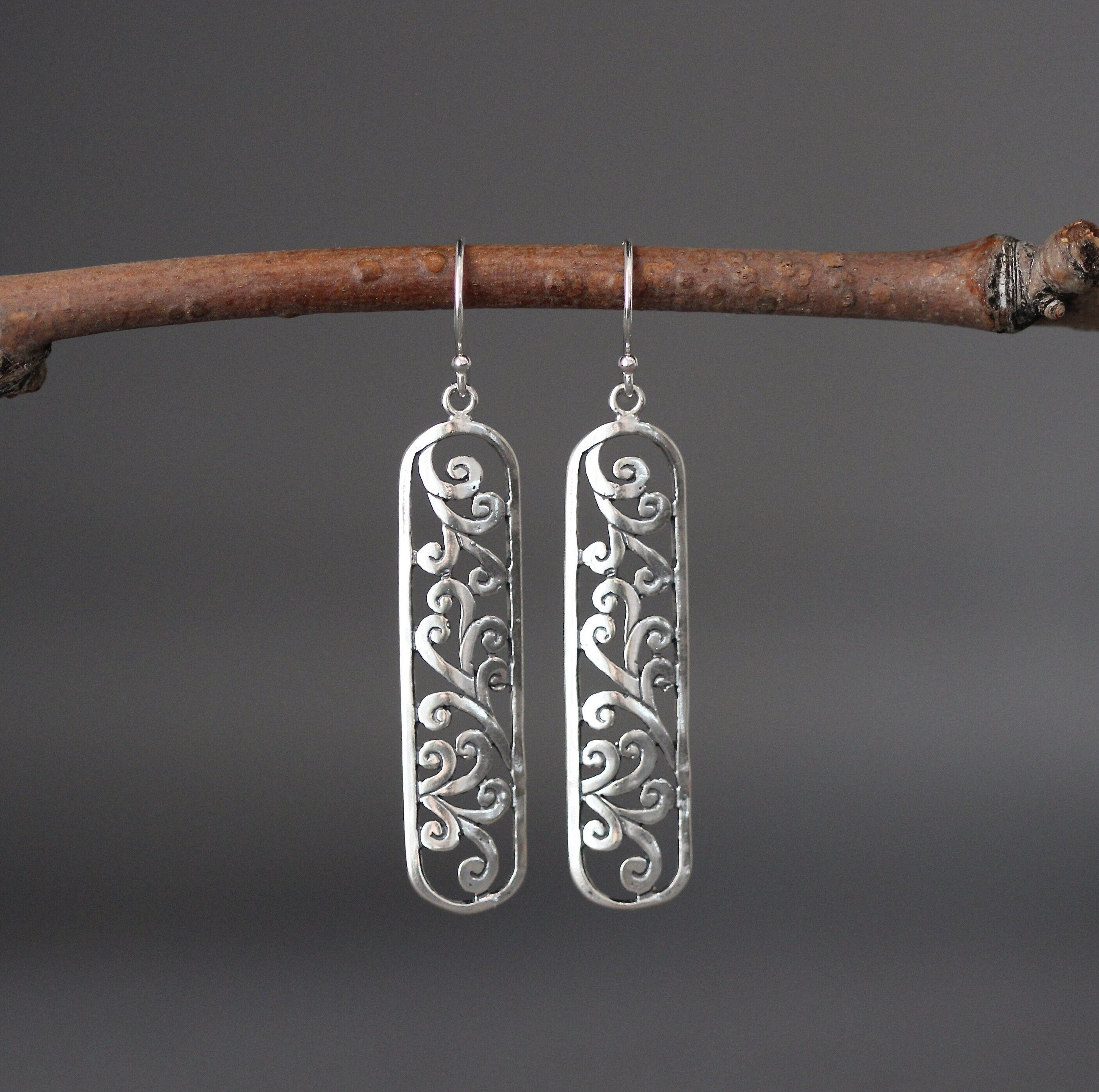 Long Bali Sterling Silver Filigree Scroll Dangle Earrings
