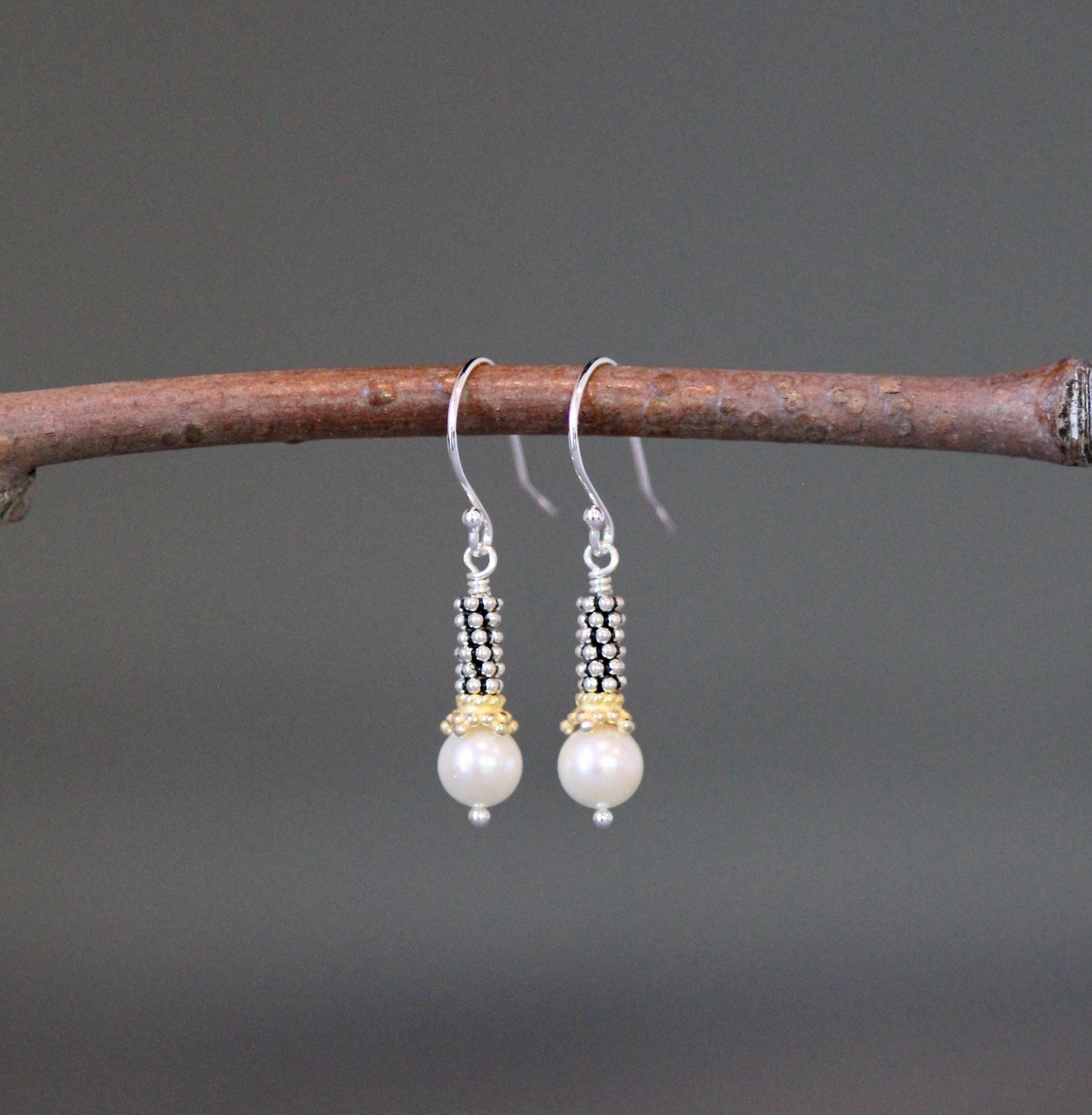 Akoya Pearl, Sterling Silver, and Gold Vermeil Mixed Metal Dangle Earrings