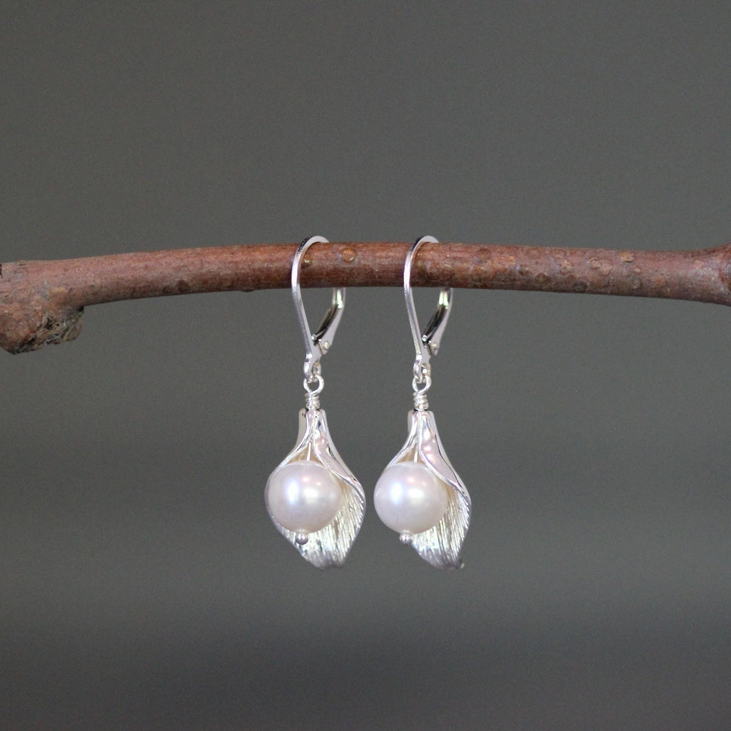 Freshwater Pearl and Bali Sterling Silver Calla Lily Charm Dangle Earrings