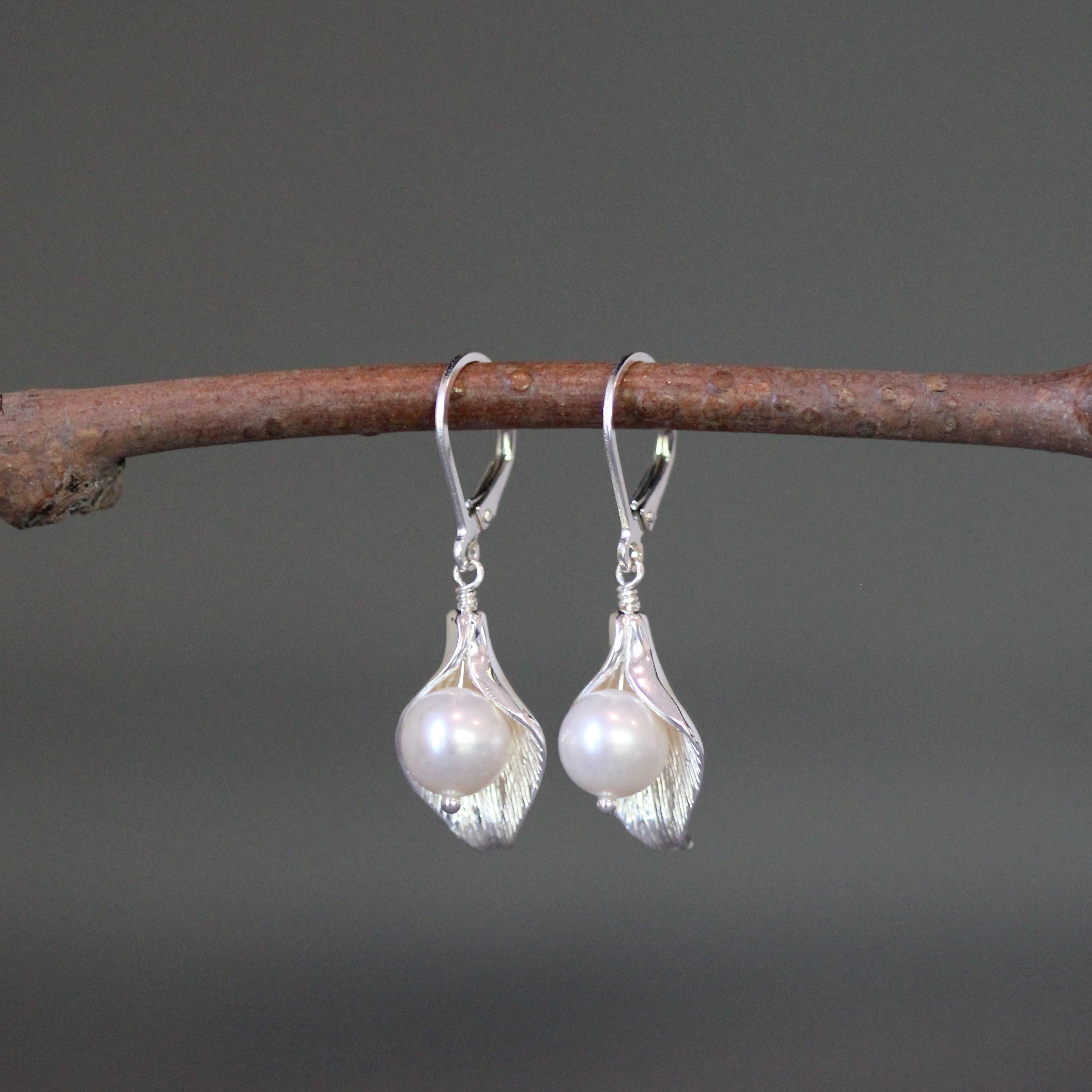Freshwater Pearl and Bali Sterling Silver Calla Lily Charm Dangle Earrings