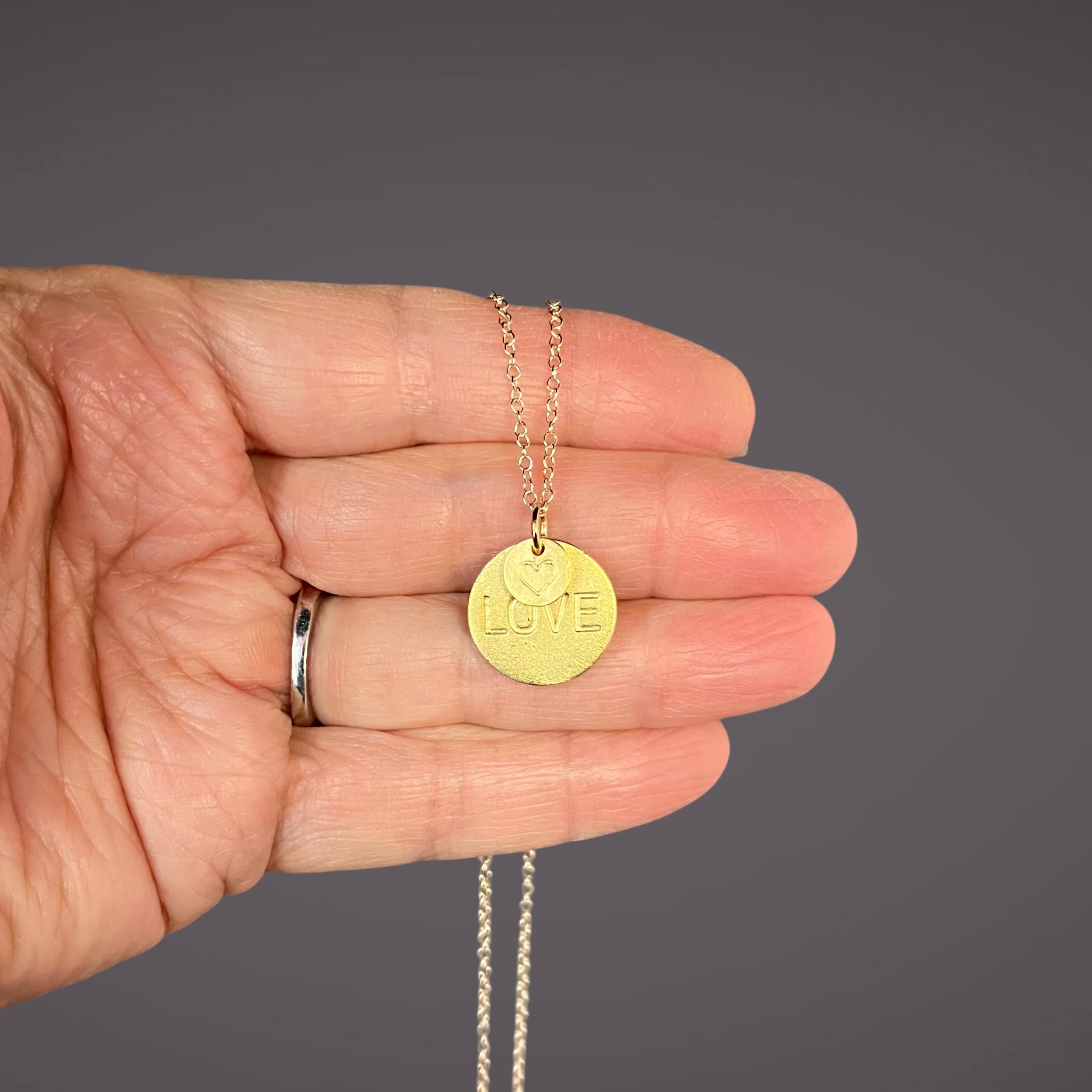 Stamped Heart and Love Charm Necklace in Gold Vermeil and Gold Filled Chain