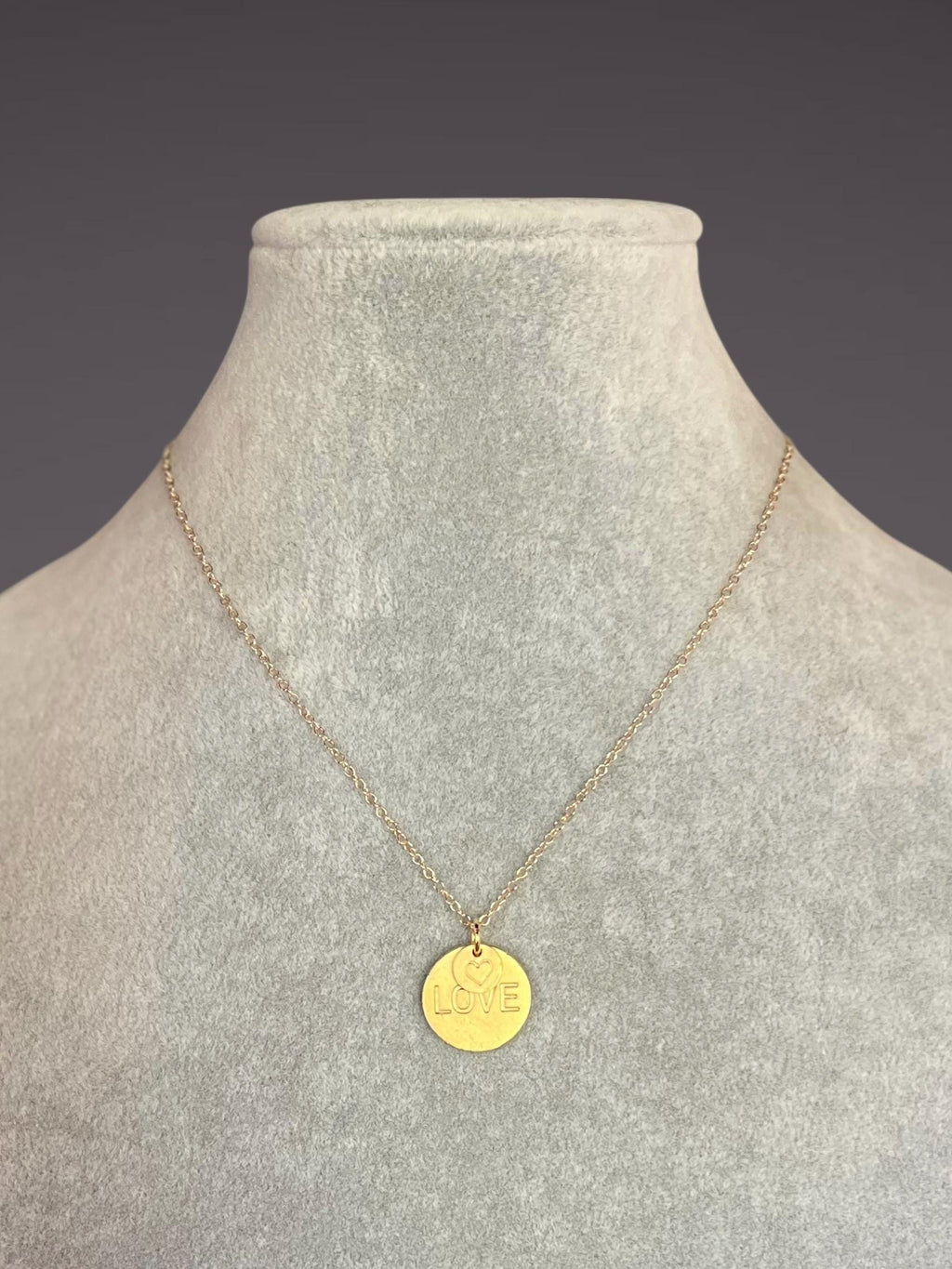 Stamped Heart and Love Charm Necklace in Gold Vermeil and Gold Filled Chain