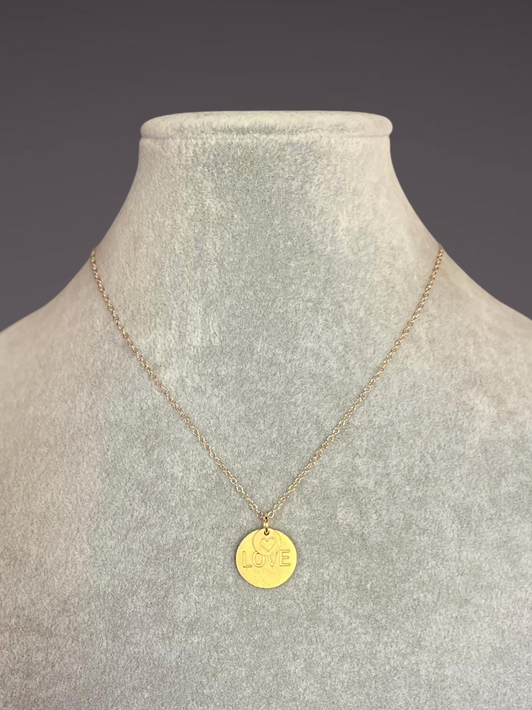 Stamped Heart and Love Charm Necklace in Gold Vermeil and Gold Filled Chain