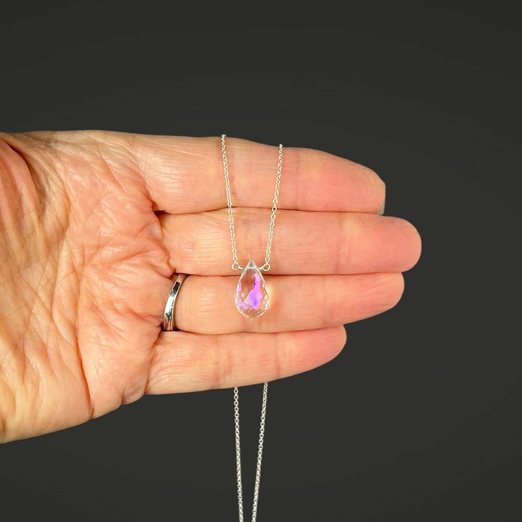 Aurora Borealis Quartz Crystal Teardrop Pendant Necklace in Silver