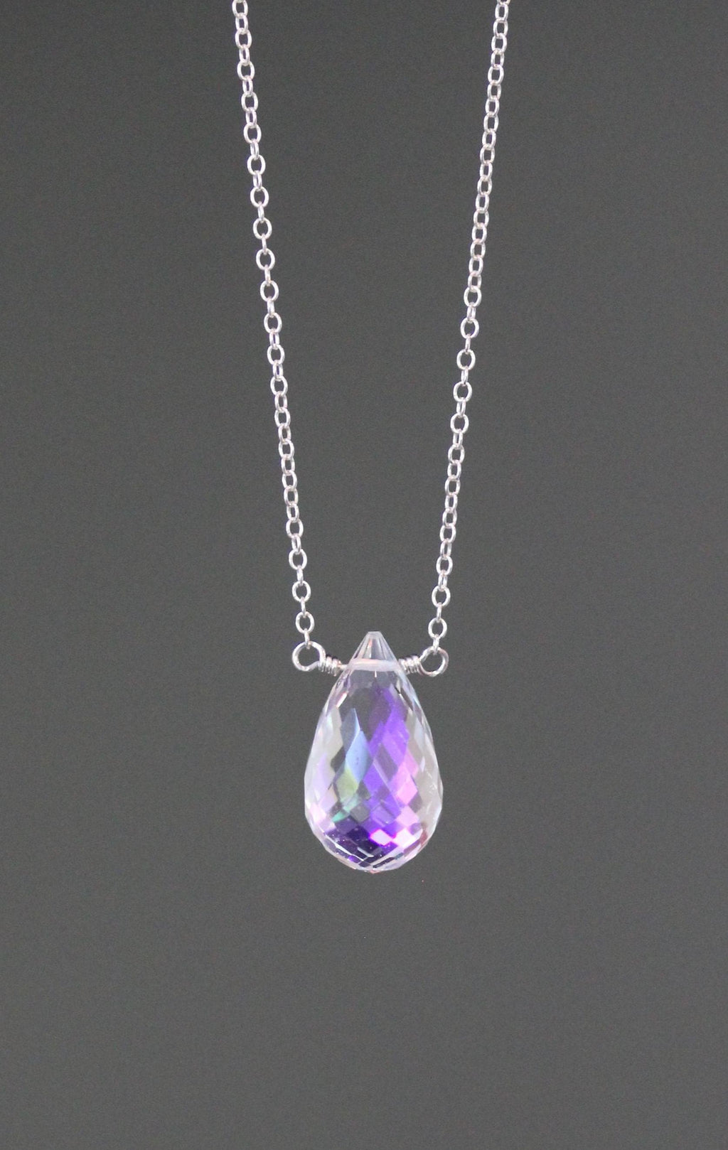 Aurora Borealis Quartz Crystal Teardrop Pendant Necklace in Silver