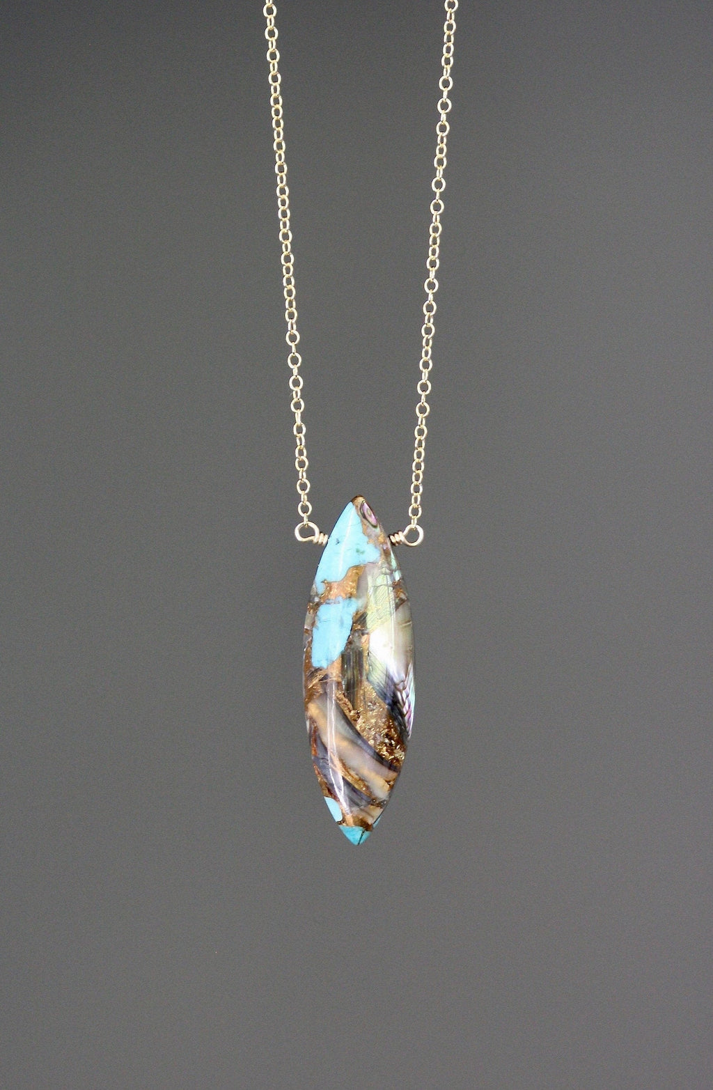 Turquoise and Bronze Abalone Marquise Pendant Necklace on Gold Filled Chain
