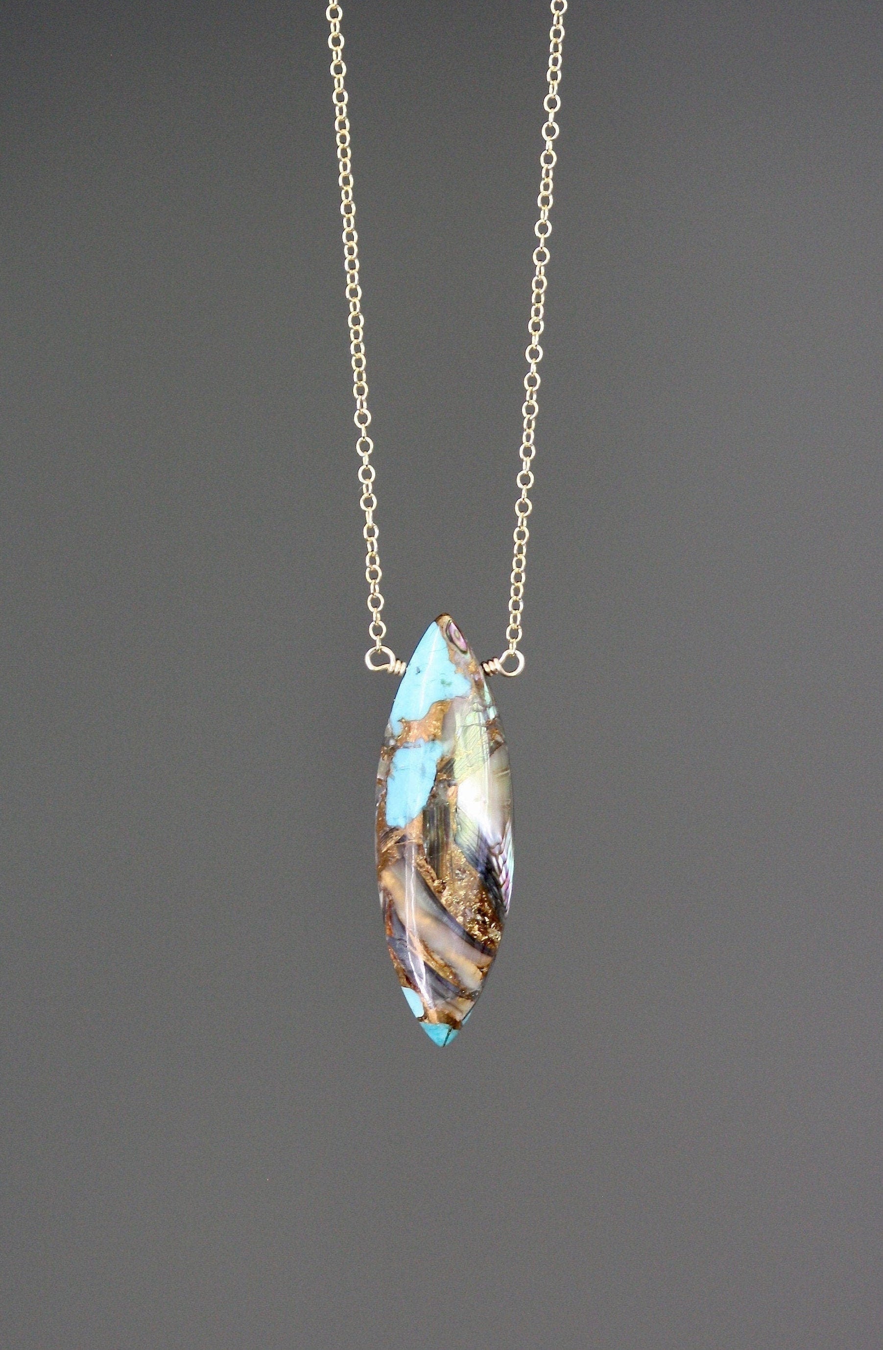 Turquoise and Bronze Abalone Marquise Pendant Necklace on Gold Filled Chain