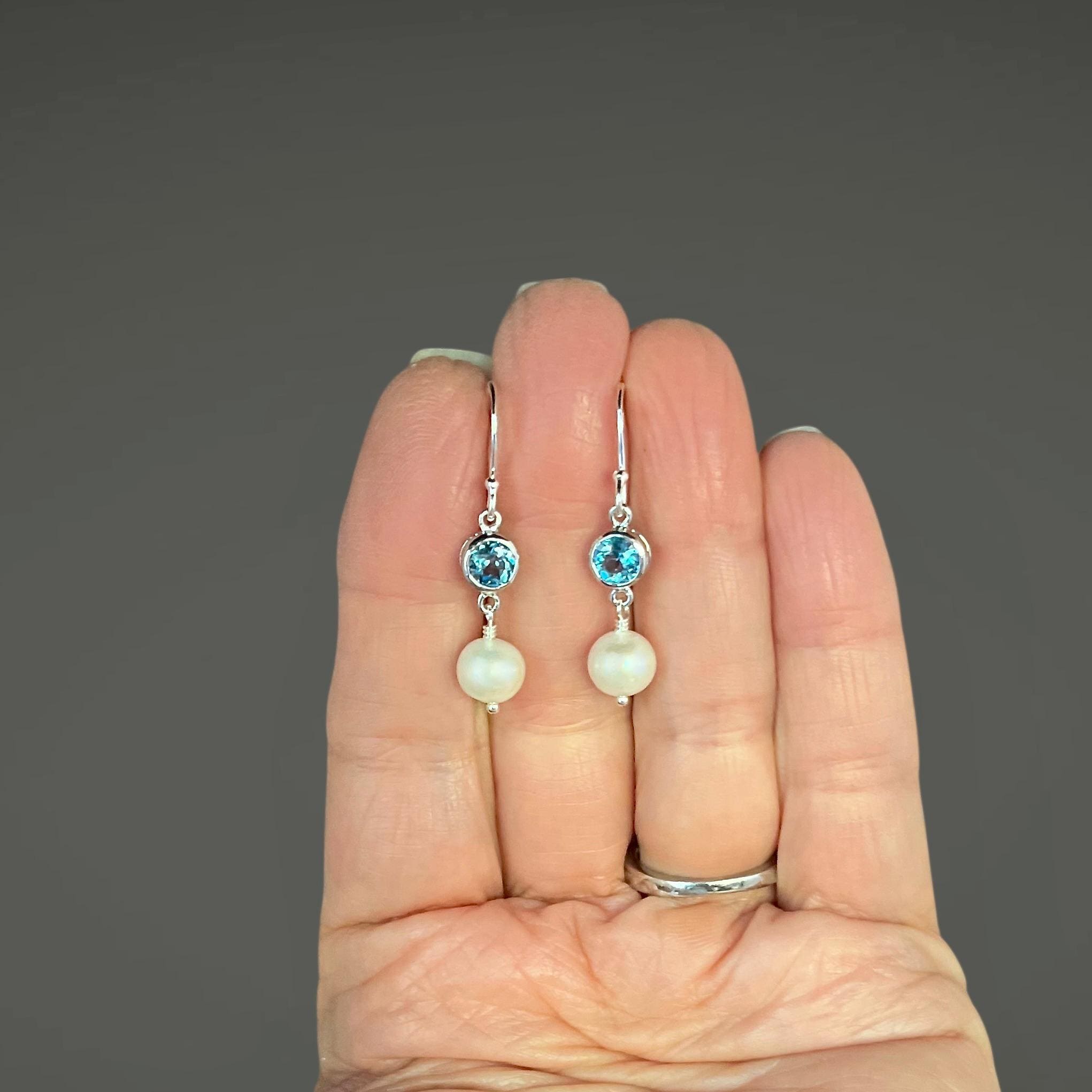 Blue Topaz Bezel and Freshwater Pearl Sterling Silver Dangle Earrings