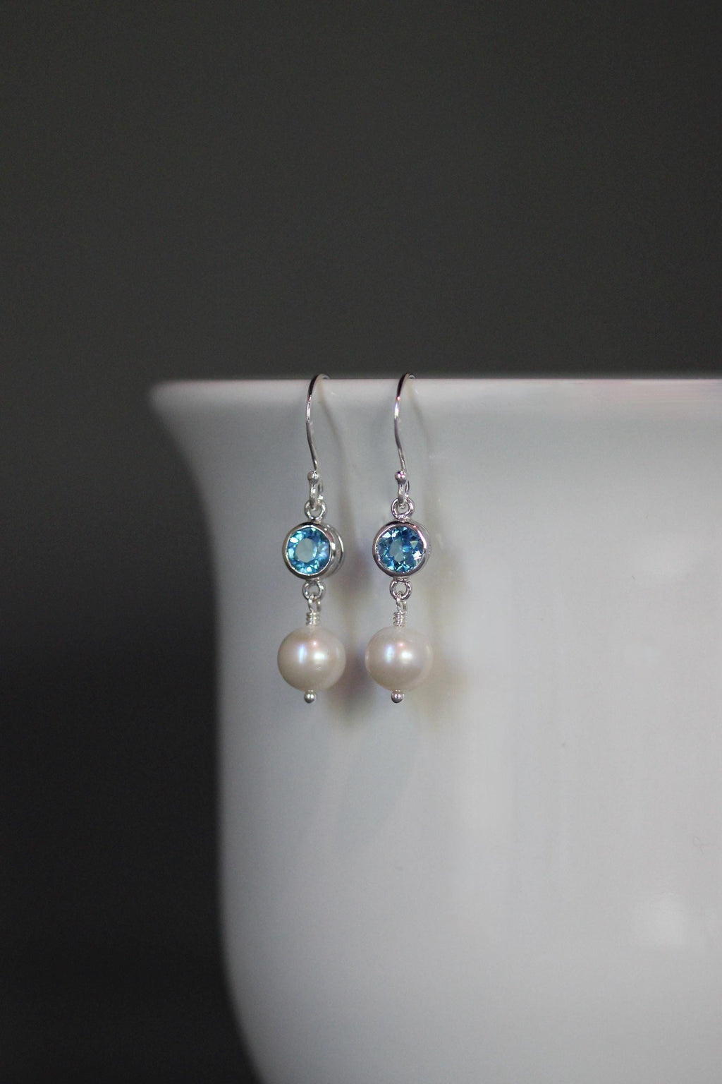 Blue Topaz Bezel and Freshwater Pearl Sterling Silver Dangle Earrings