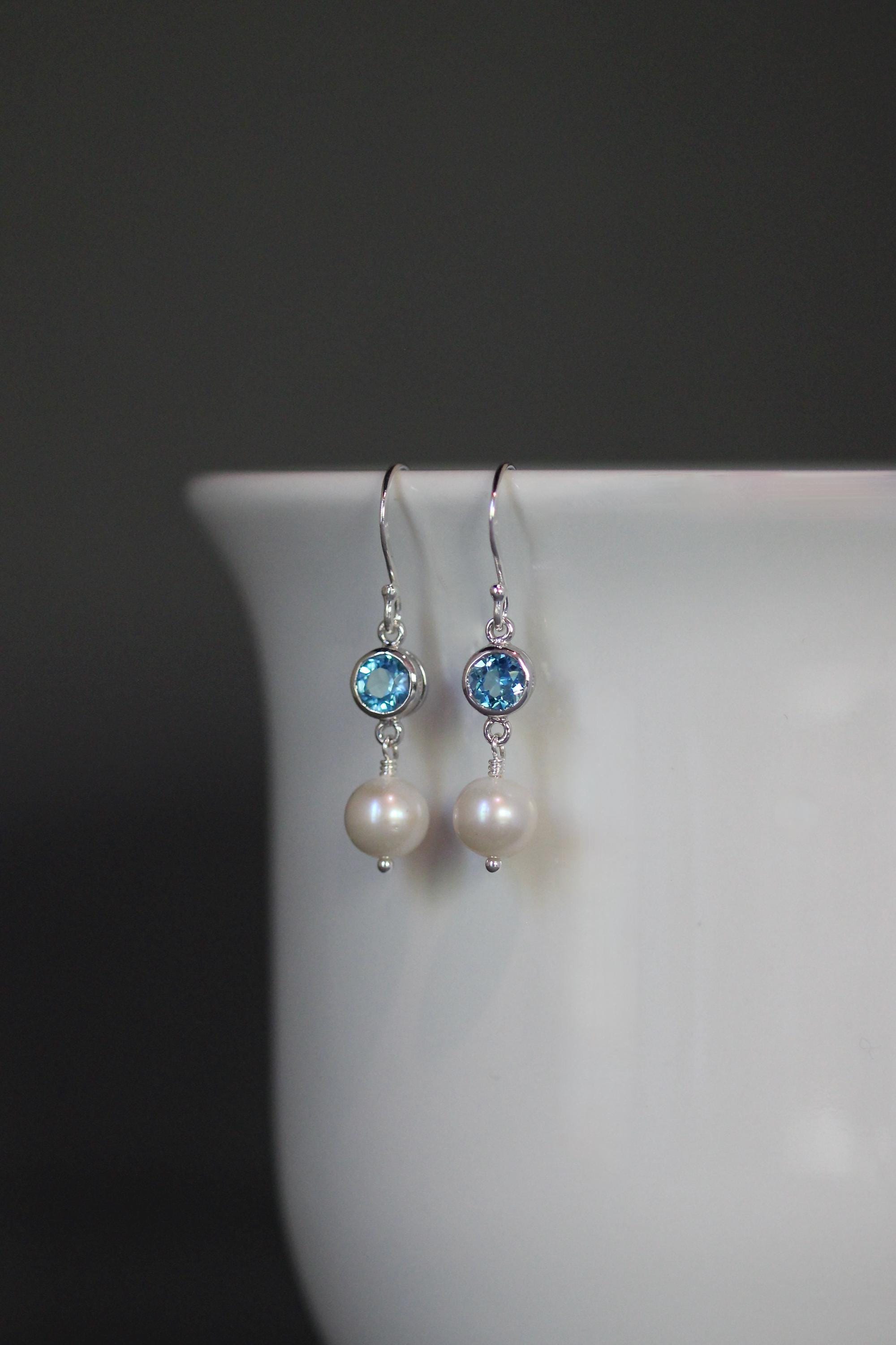 Blue Topaz Bezel and Freshwater Pearl Sterling Silver Dangle Earrings