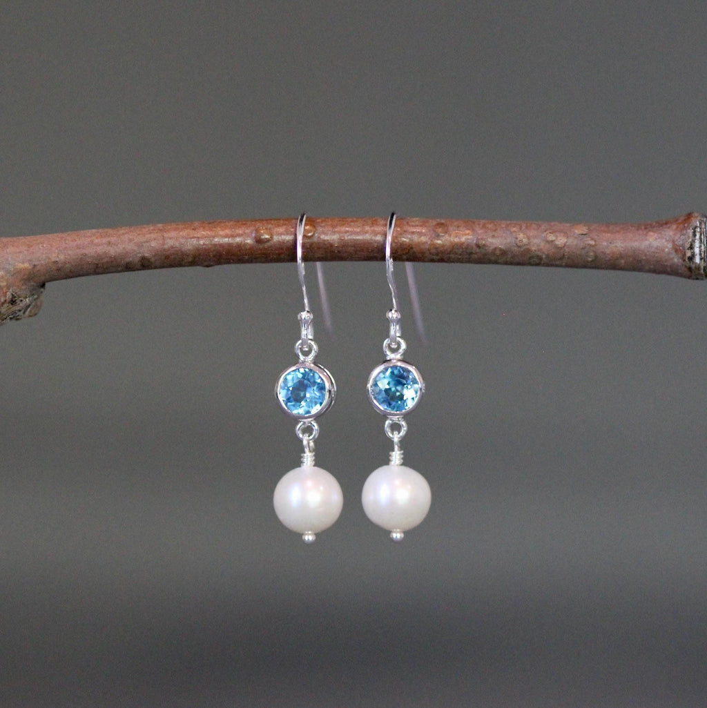 Blue Topaz Bezel and Freshwater Pearl Sterling Silver Dangle Earrings