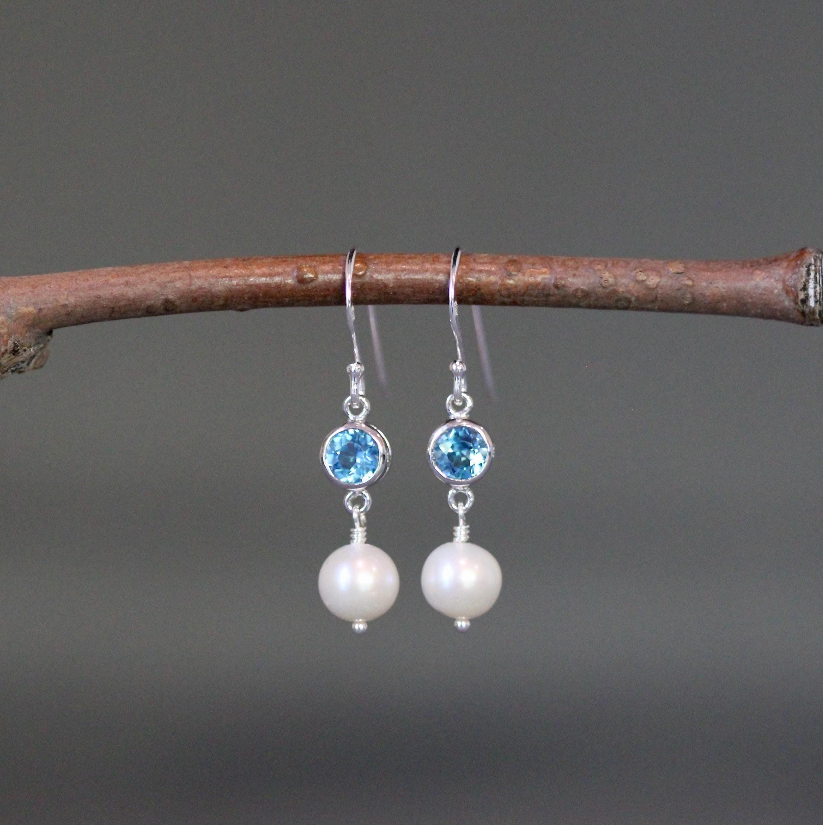 Blue Topaz Bezel and Freshwater Pearl Sterling Silver Dangle Earrings