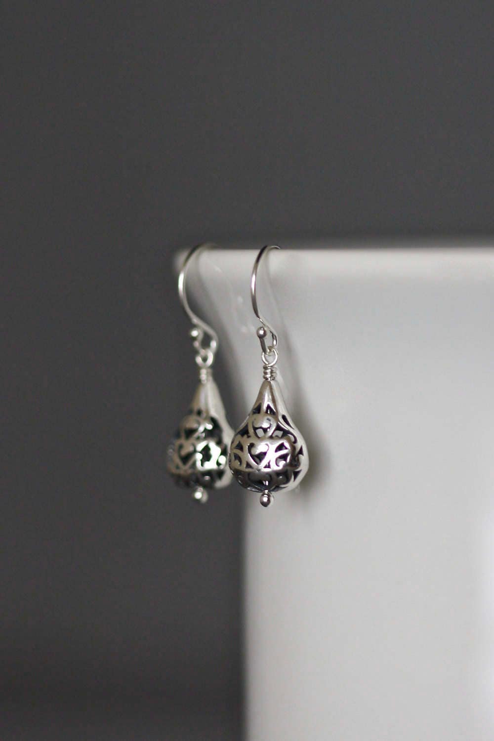 Bali Sterling Silver Filigree Teardrop Bead Dangle Earrings