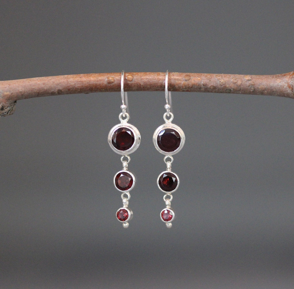 Garnet Three-Stone Graduated Bezel Earrings in Sterling Silver