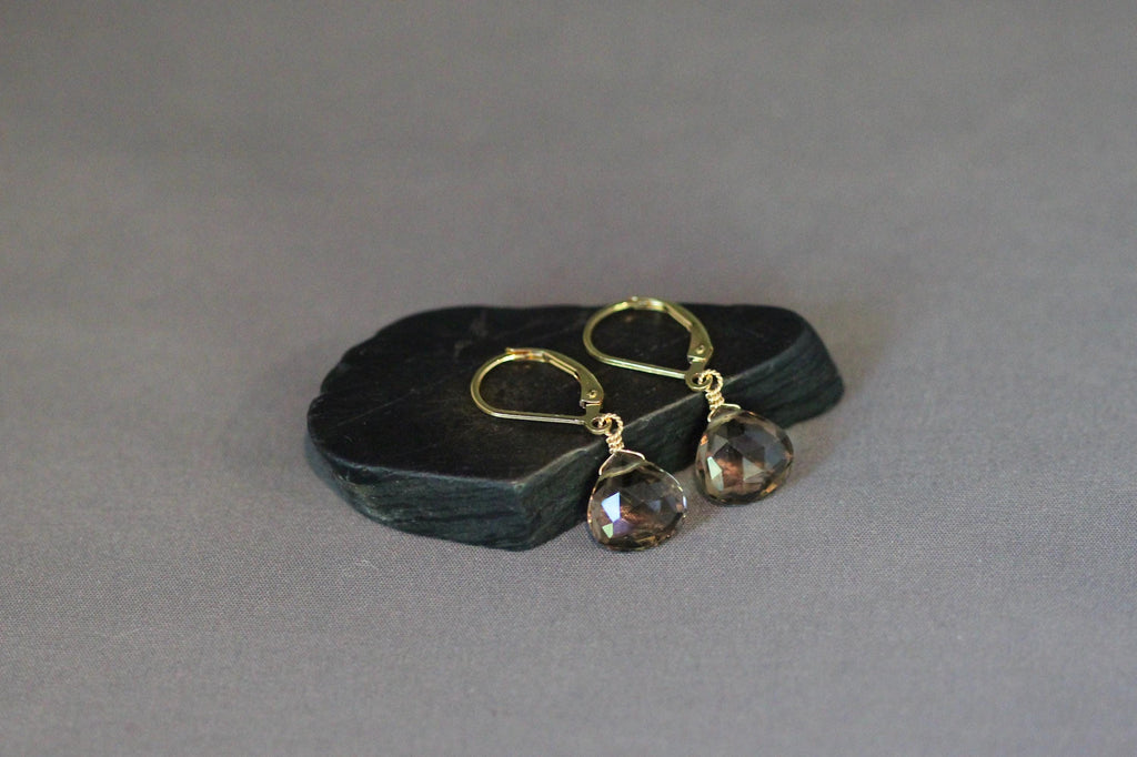 Smoky Quartz Teardrop Dangle Earrings in Gold Filled