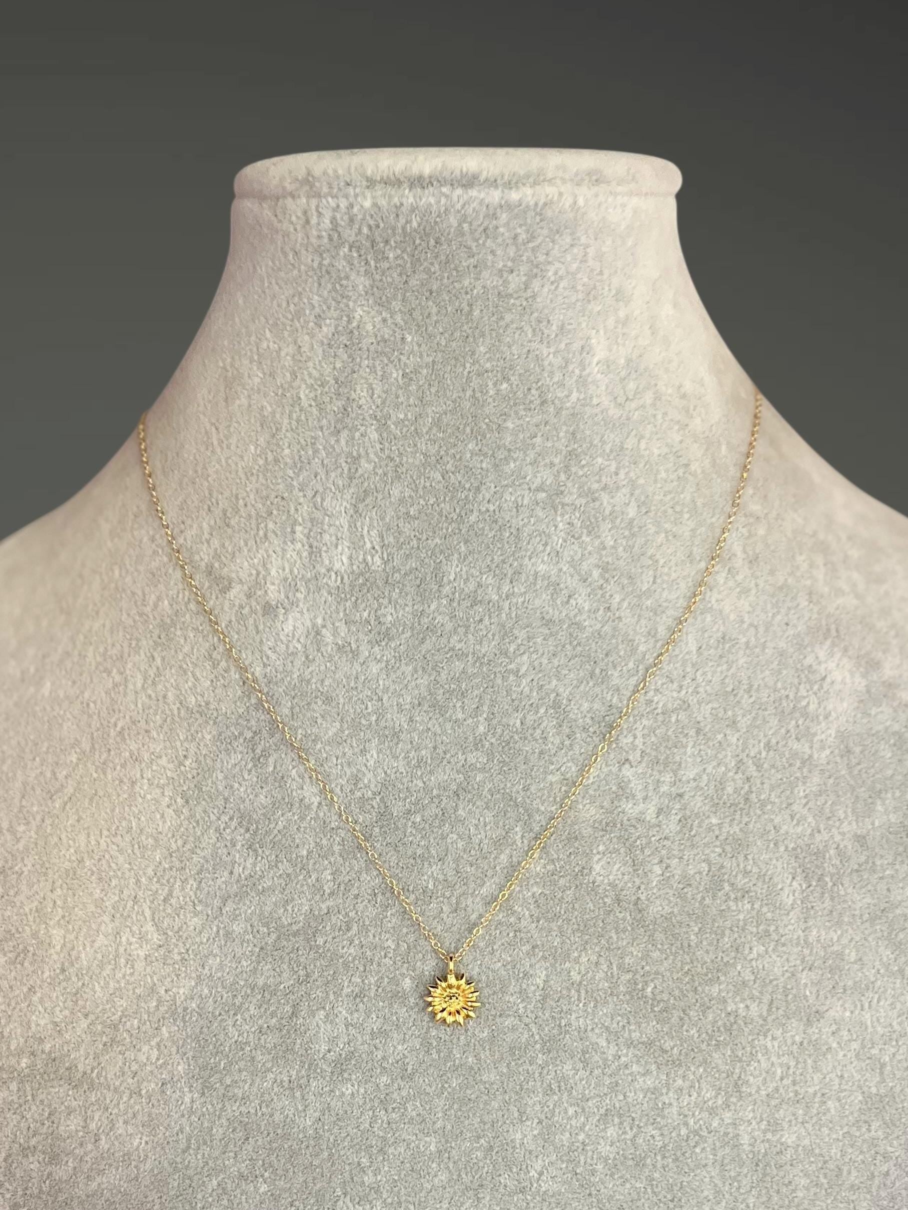 Gold Vermeil Sunflower Charm Pendant Necklace on Gold Filled Chain