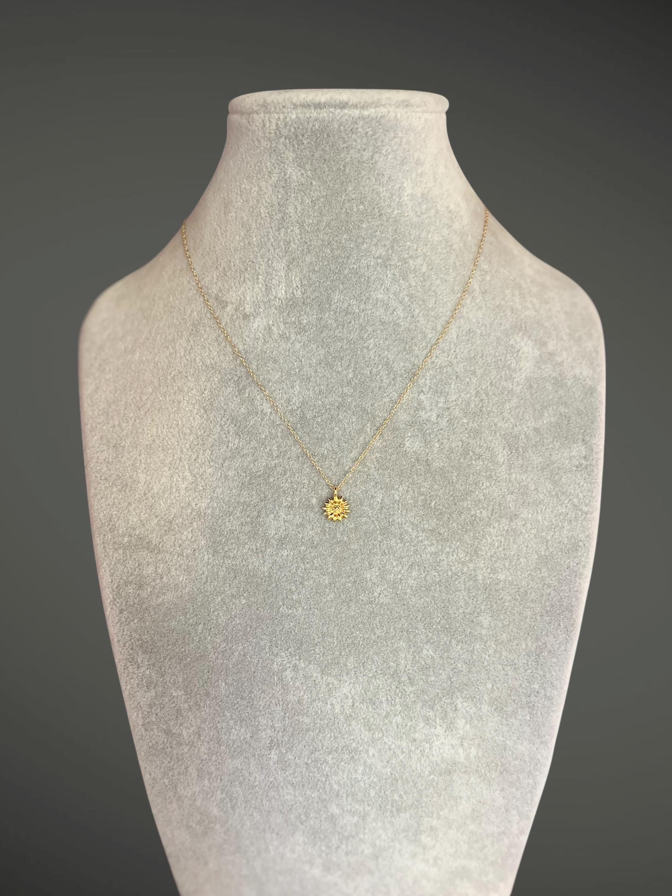 Gold Vermeil Sunflower Charm Pendant Necklace on Gold Filled Chain