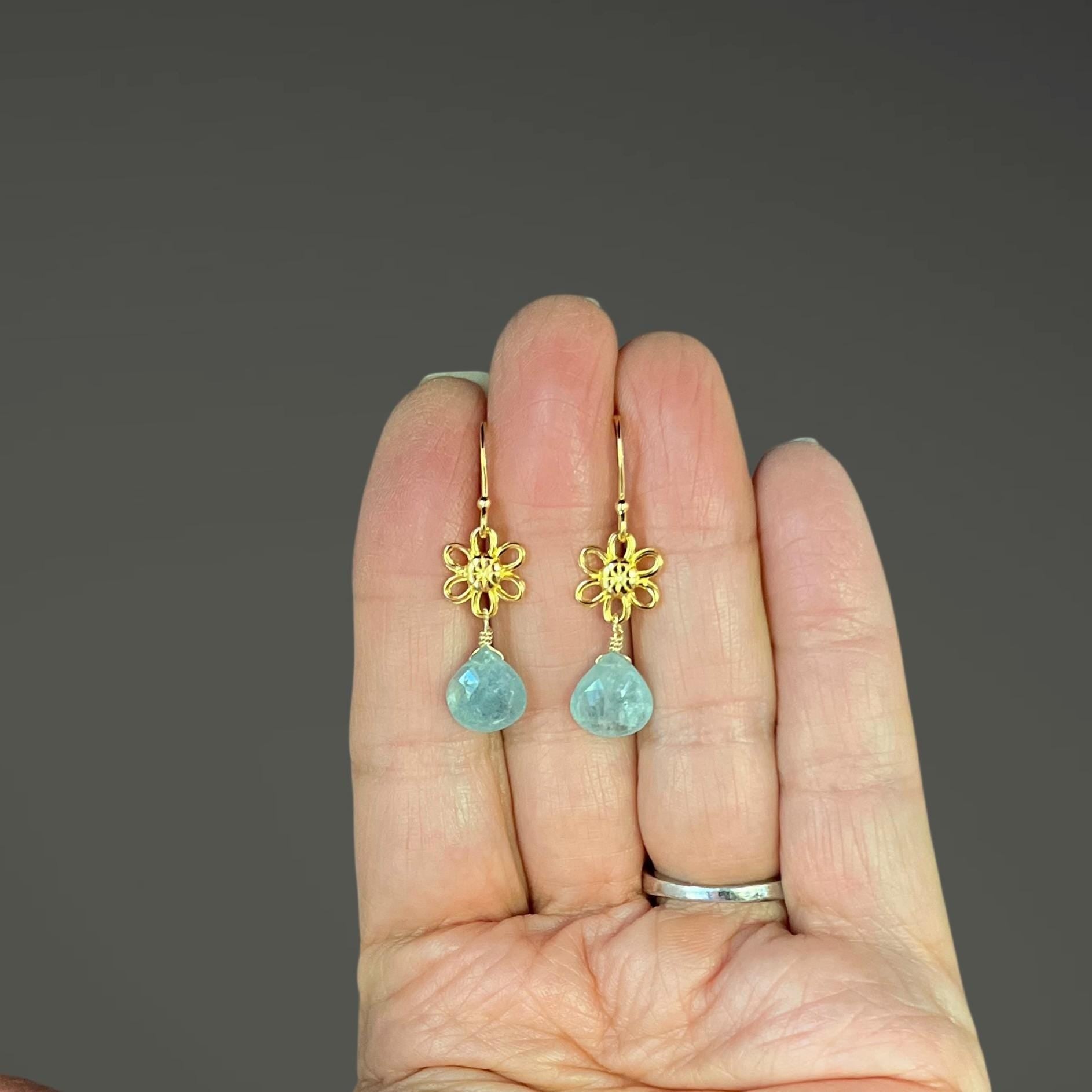 Aquamarine and Gold Vermeil Flower Dangle Earrings