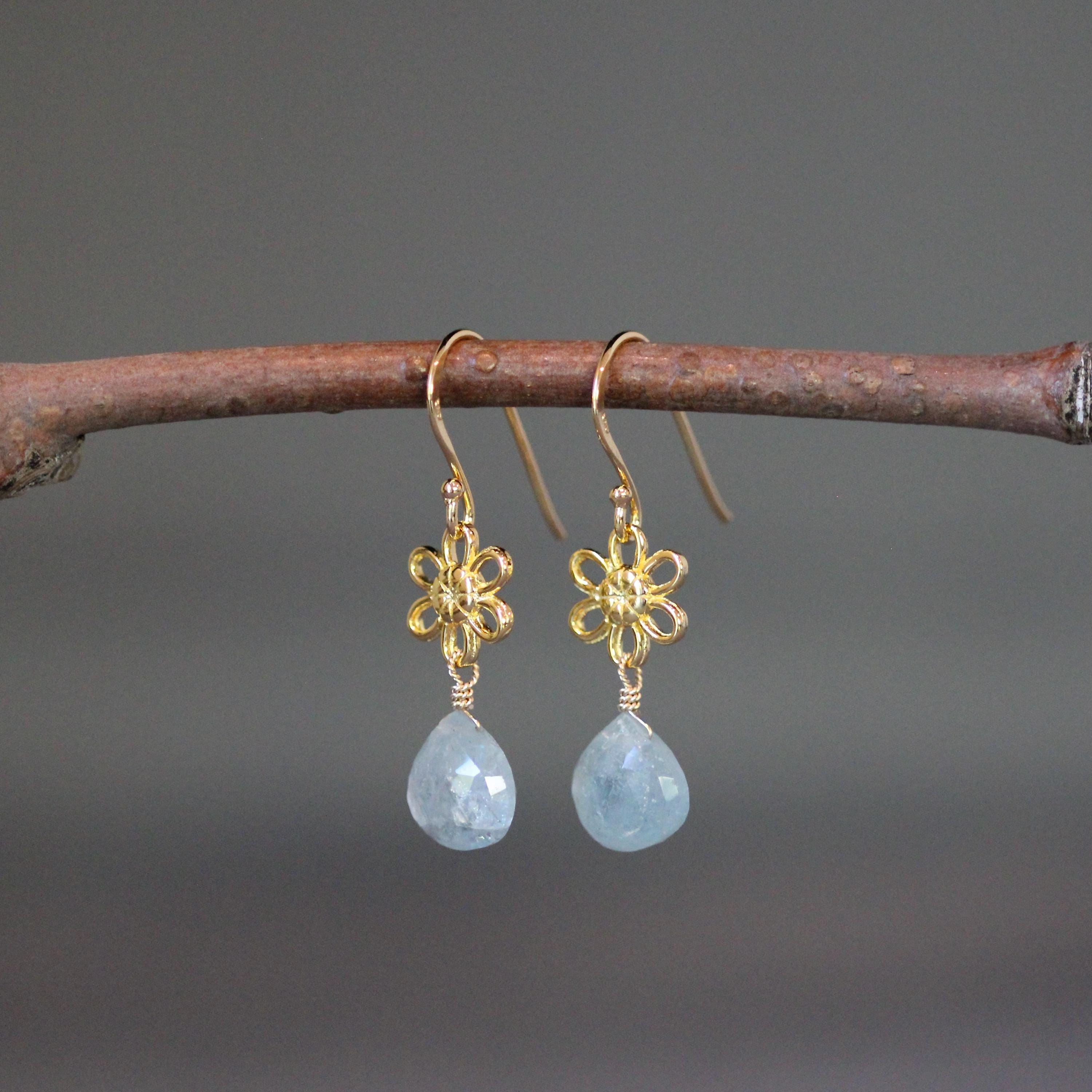 Aquamarine and Gold Vermeil Flower Dangle Earrings