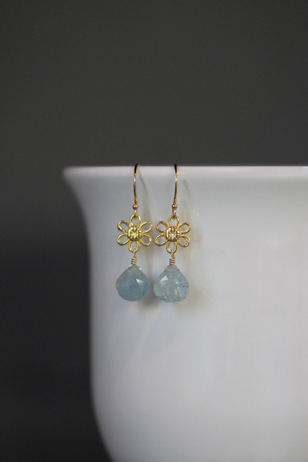 Aquamarine and Gold Vermeil Flower Dangle Earrings