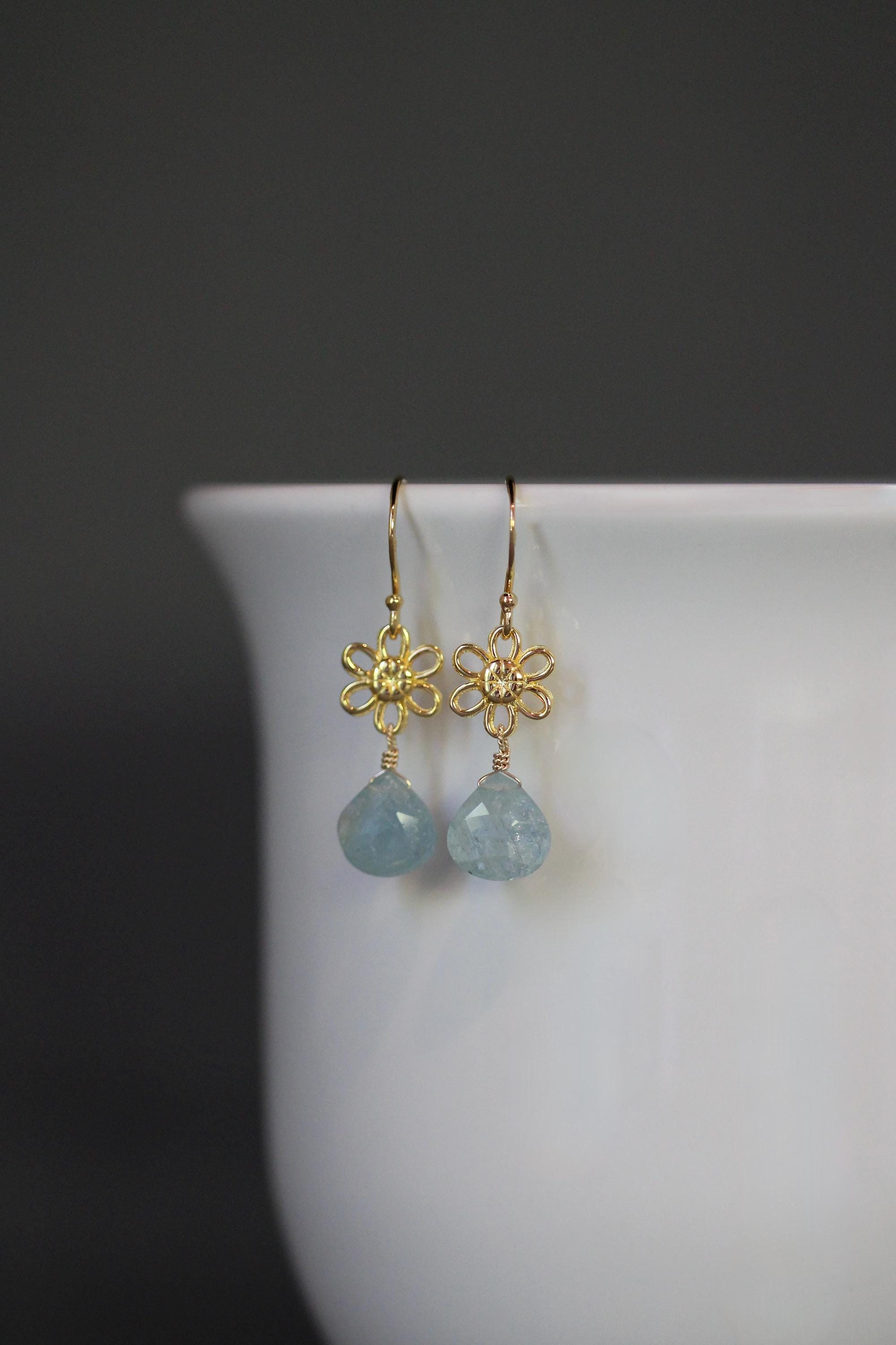 Aquamarine and Gold Vermeil Flower Dangle Earrings