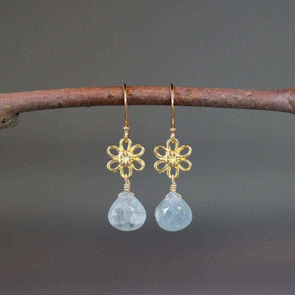 Aquamarine and Gold Vermeil Flower Dangle Earrings